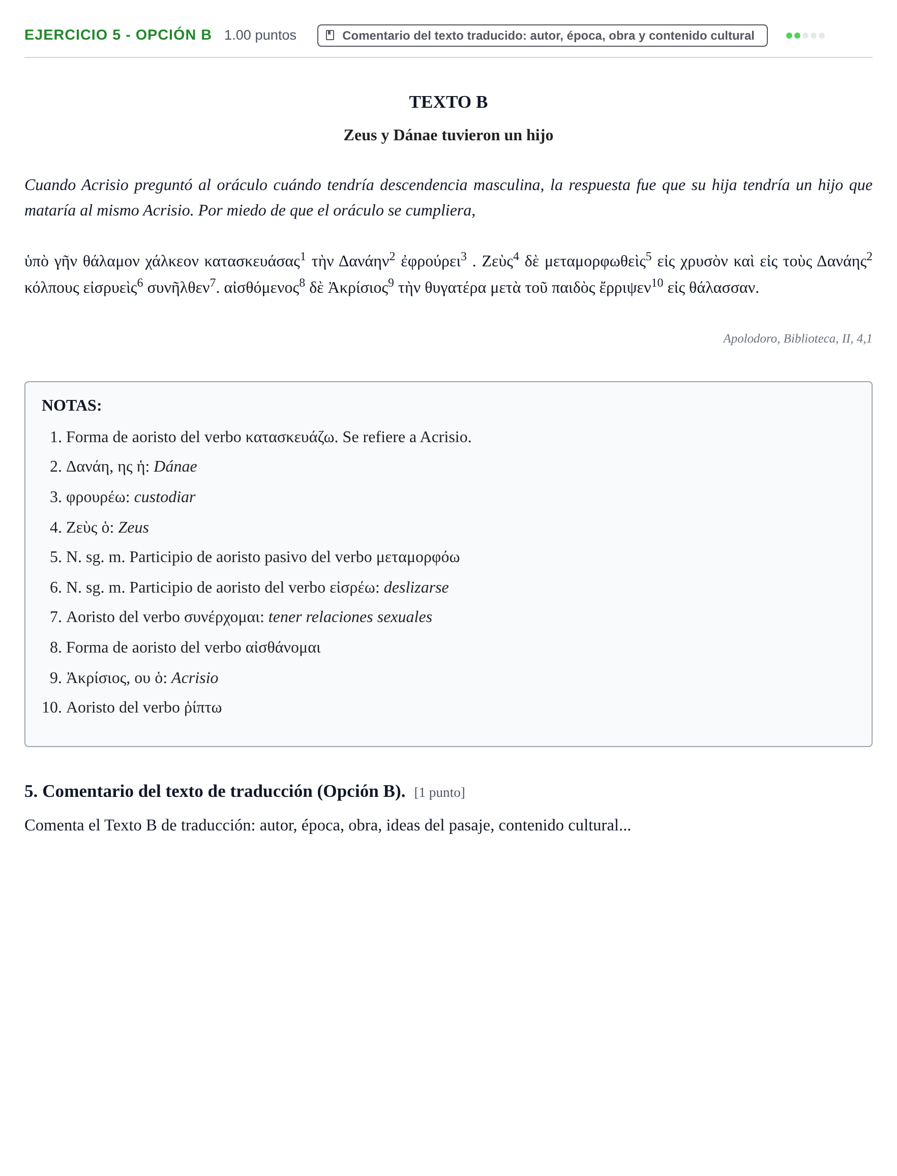 Enunciado: Ejercicio 5 - Opción B · Griego II PAU Navarra Ordinaria 2024