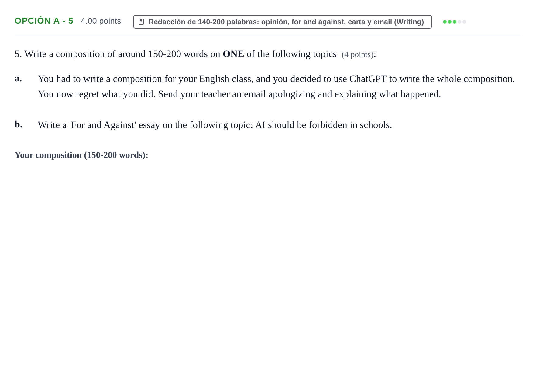 Enunciado: Opción A - 5 · Inglés PAU Navarra Ordinaria 2024