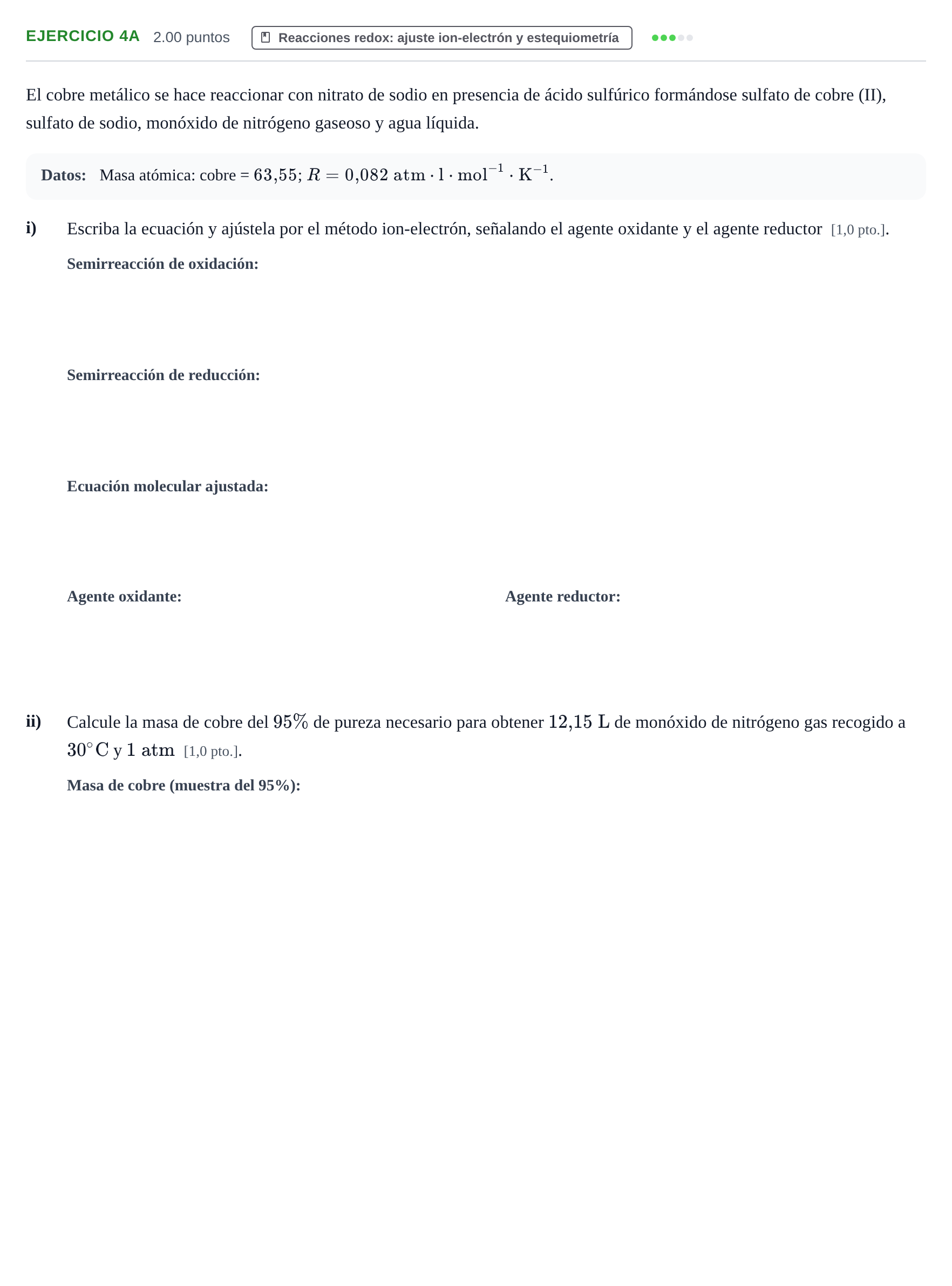 Enunciado: Ejercicio 4A · Química PAU Navarra Ordinaria 2024