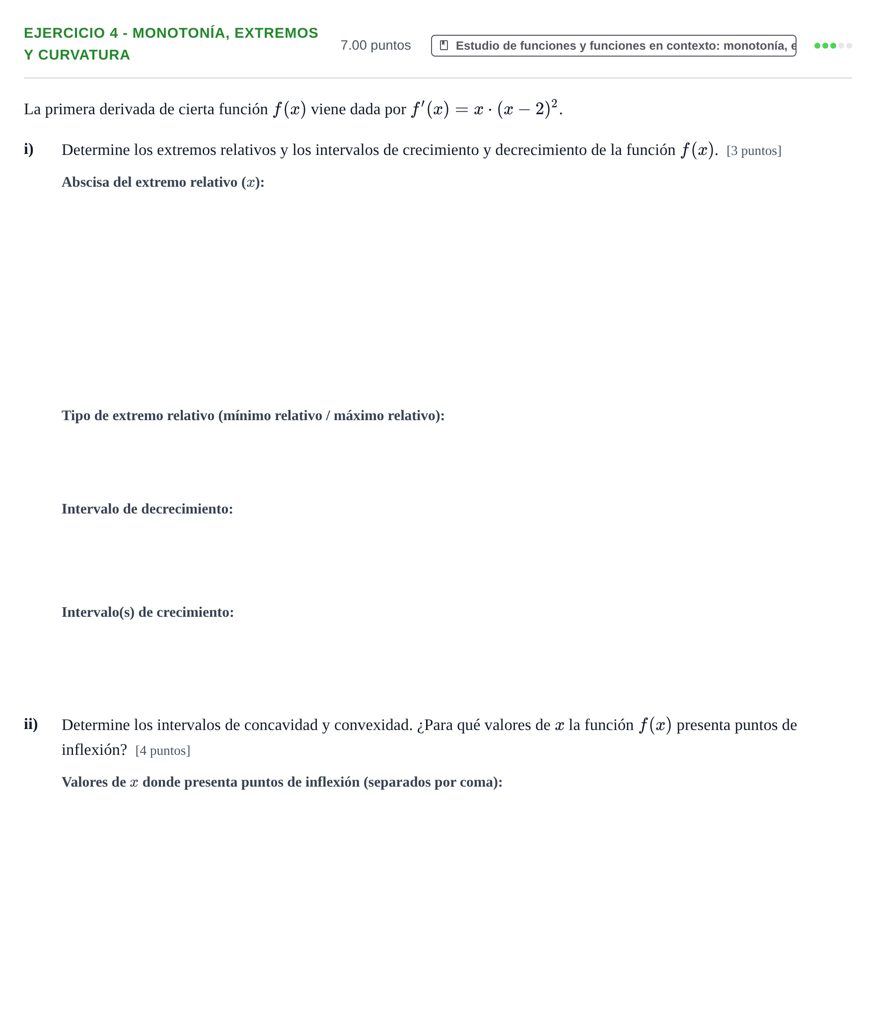 Enunciado: EJERCICIO 4 - Monotonía, extremos y curvatura · Matemáticas aplicadas a las Ciencias Sociales II PAU Navarra Ordinaria 2024