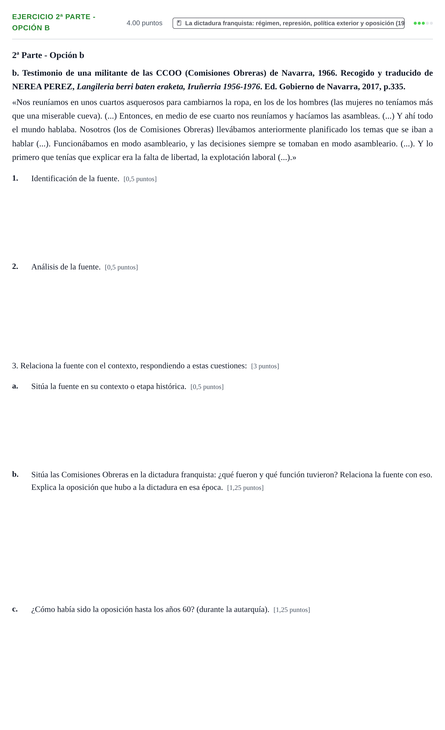 Enunciado: Ejercicio 2ª Parte - Opción b · Historia de España PAU Navarra Extraordinaria 2024