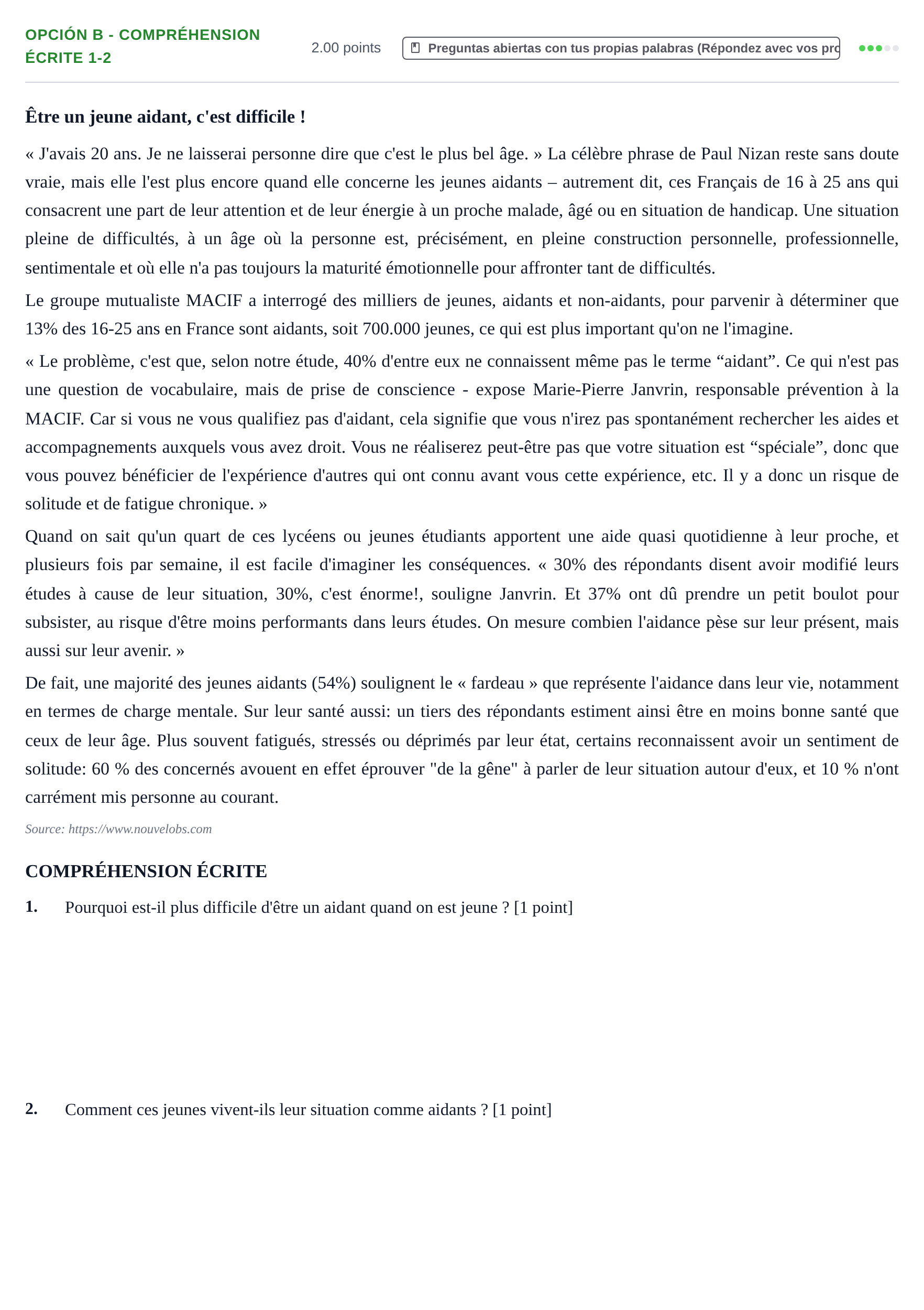 Enunciado: Opción B - Compréhension écrite 1-2 · Francés PAU Navarra Extraordinaria 2024