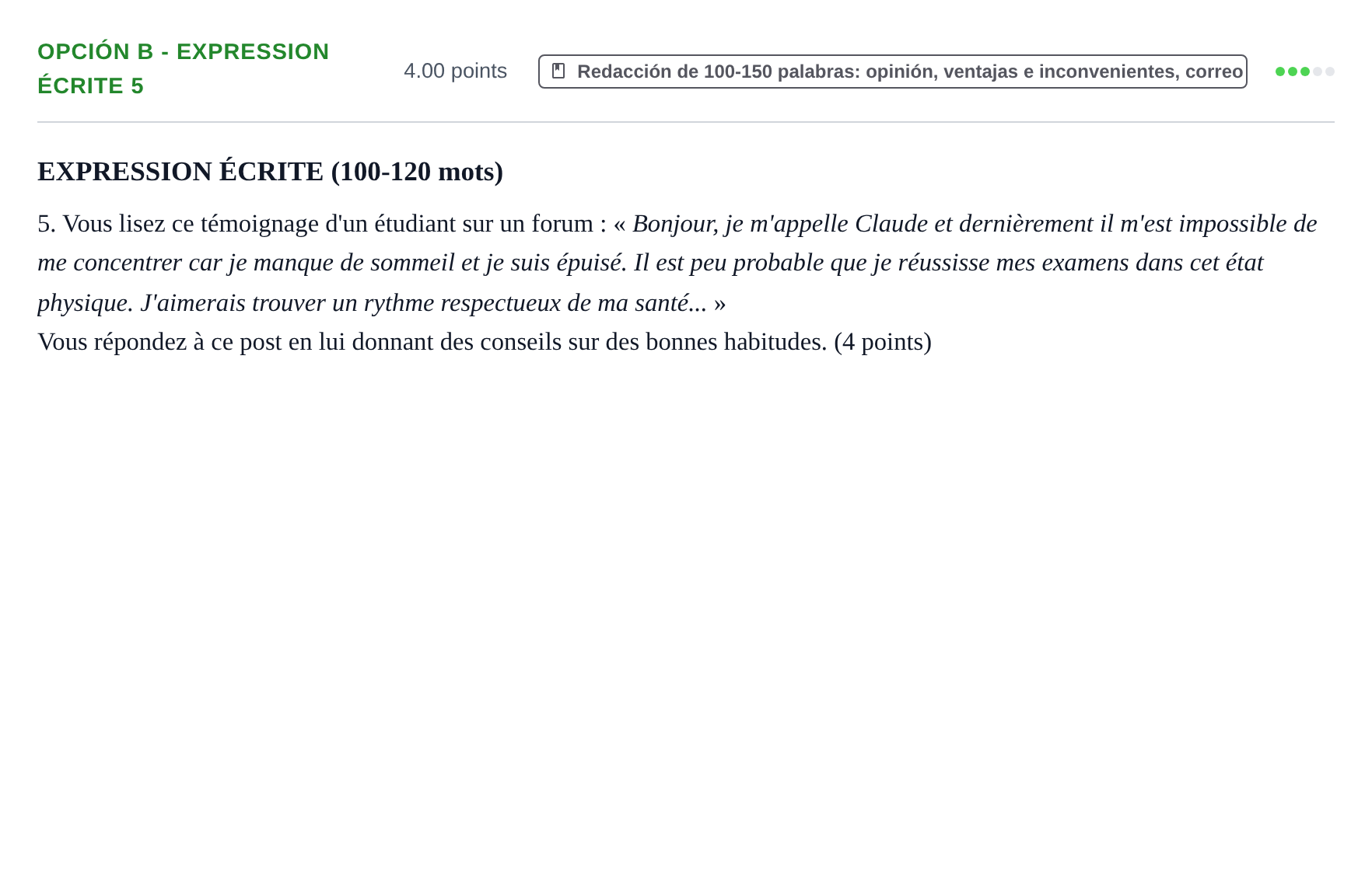 Enunciado: Opción B - Expression écrite 5 · Francés PAU Navarra Extraordinaria 2024