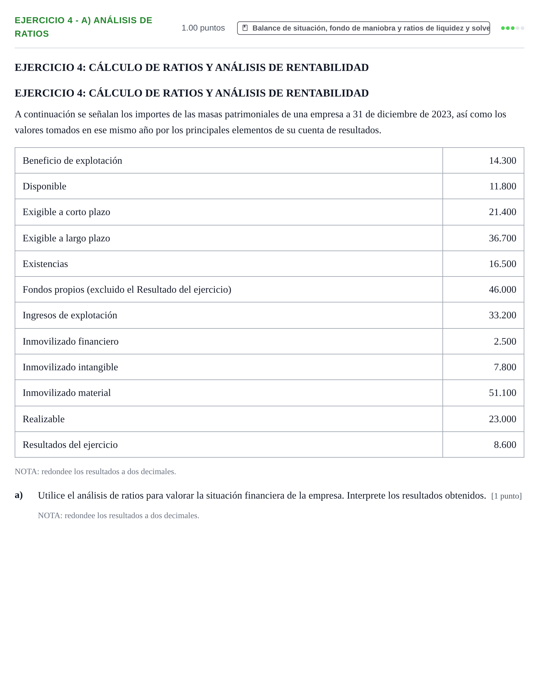 Enunciado: Ejercicio 4 - a) Análisis de ratios · Empresa y Diseño de Modelos de Negocio PAU Navarra Extraordinaria 2024
