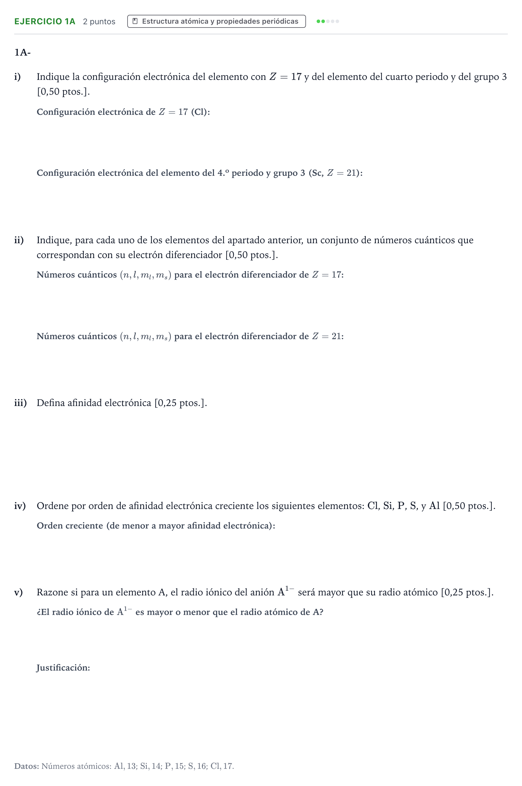 Enunciado: Ejercicio 1A · Química PAU Navarra Extraordinaria 2024