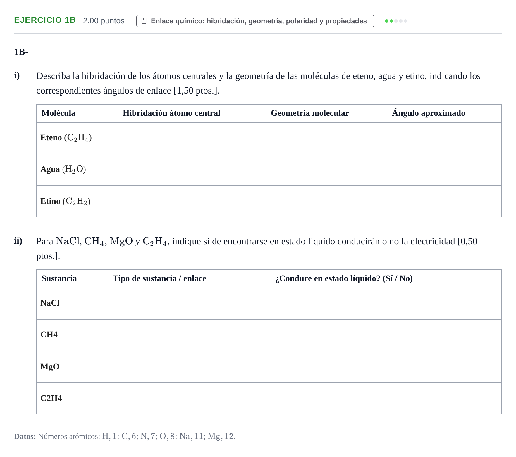 Enunciado: Ejercicio 1B · Química PAU Navarra Extraordinaria 2024