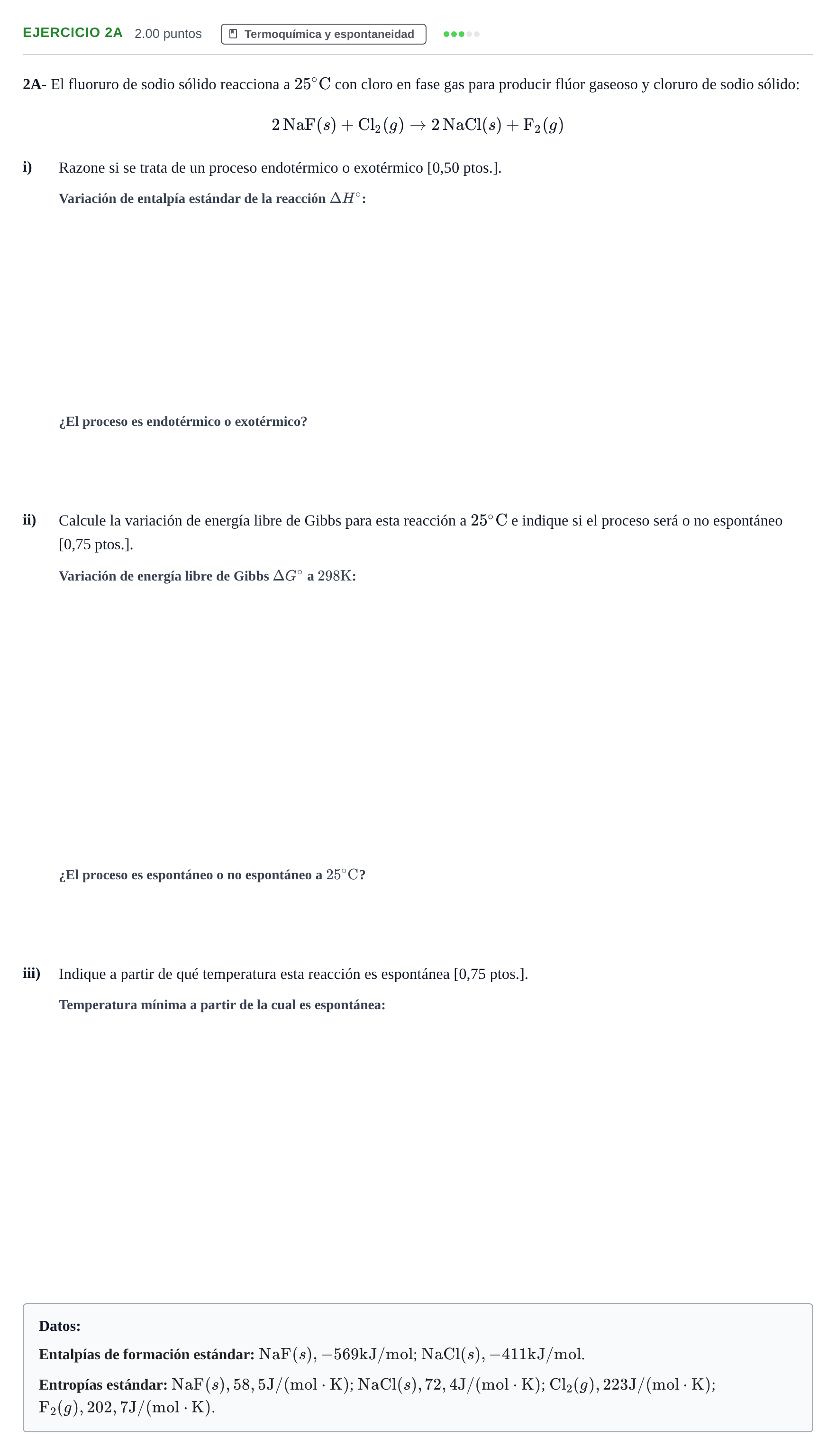 Enunciado: Ejercicio 2A · Química PAU Navarra Extraordinaria 2024