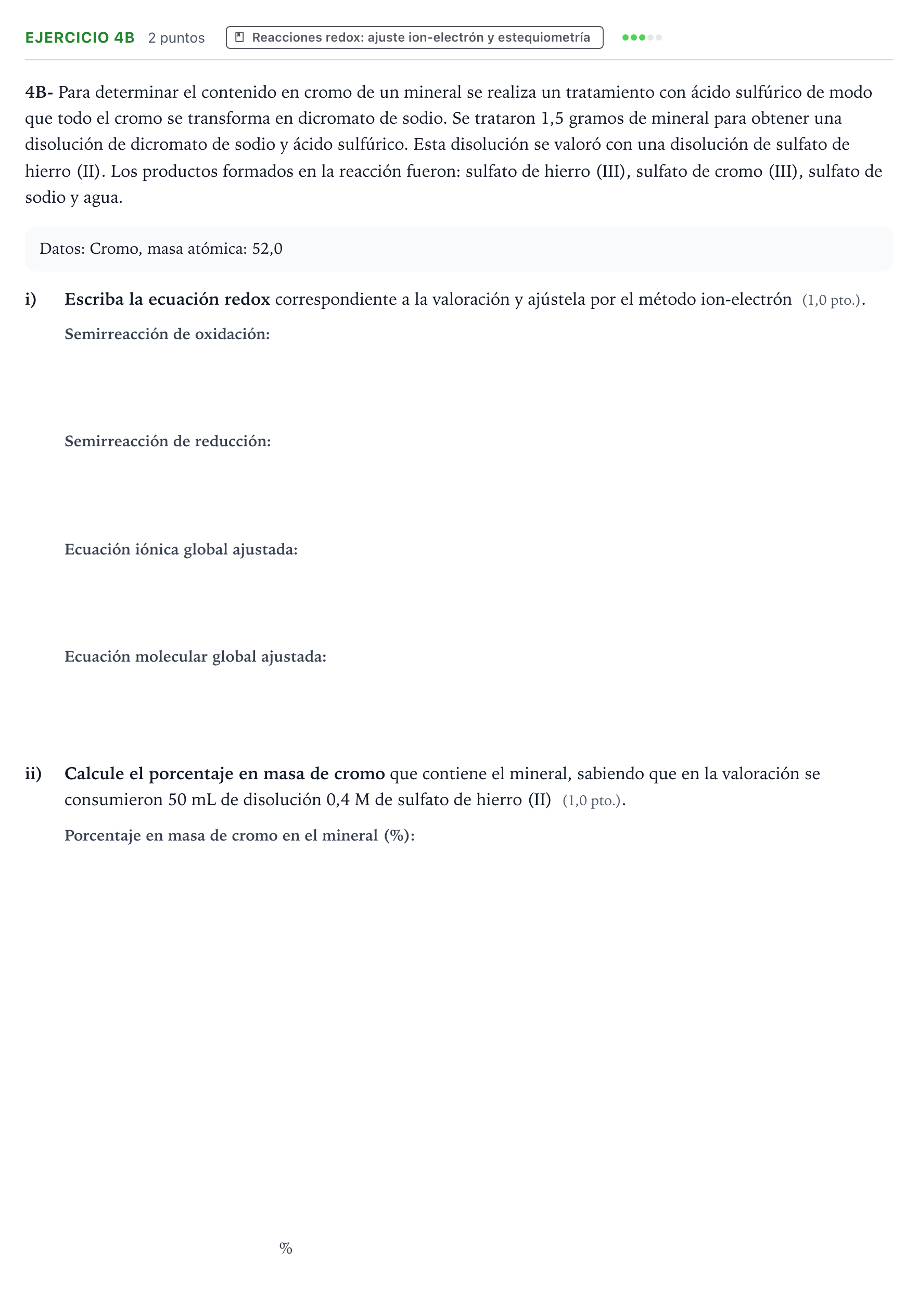 Enunciado: Ejercicio 4B · Química PAU Navarra Extraordinaria 2024
