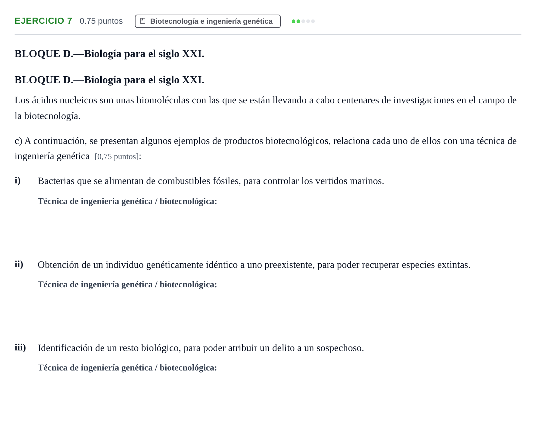 Enunciado: Ejercicio 7 - Biotecnología e ingeniería genética · Ciencias Generales PAU Navarra Ordinaria 2024