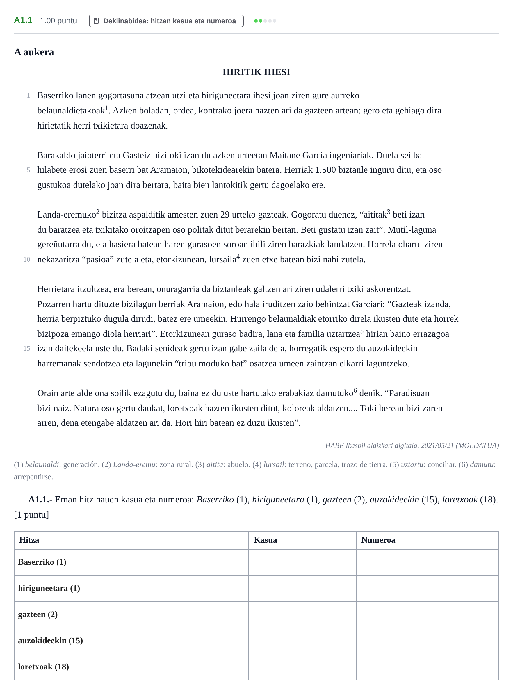 Enunciado: Ejercicio A1.1 · Lengua Vasca y Literatura II PAU Navarra Extraordinaria (Modelo A) 2024
