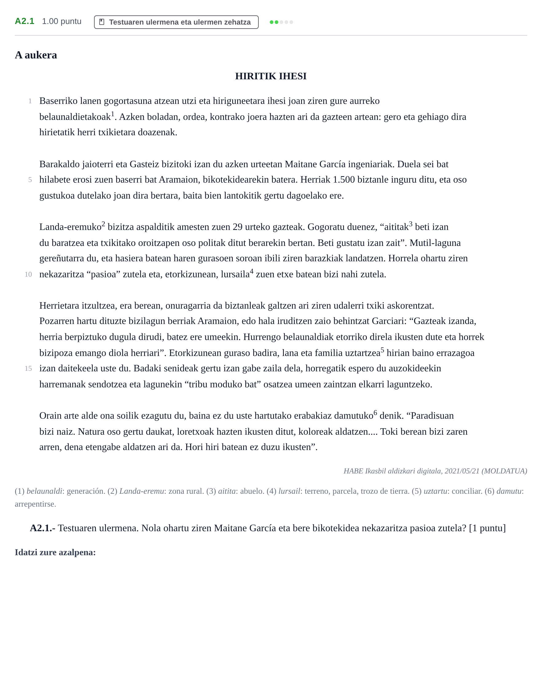 Enunciado: Ejercicio A2.1 · Lengua Vasca y Literatura II PAU Navarra Extraordinaria (Modelo A) 2024