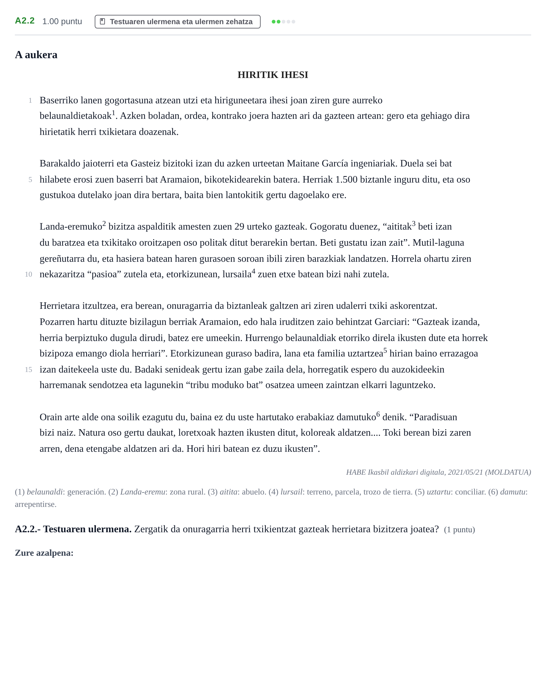 Enunciado: Ejercicio A2.2 · Lengua Vasca y Literatura II PAU Navarra Extraordinaria (Modelo A) 2024