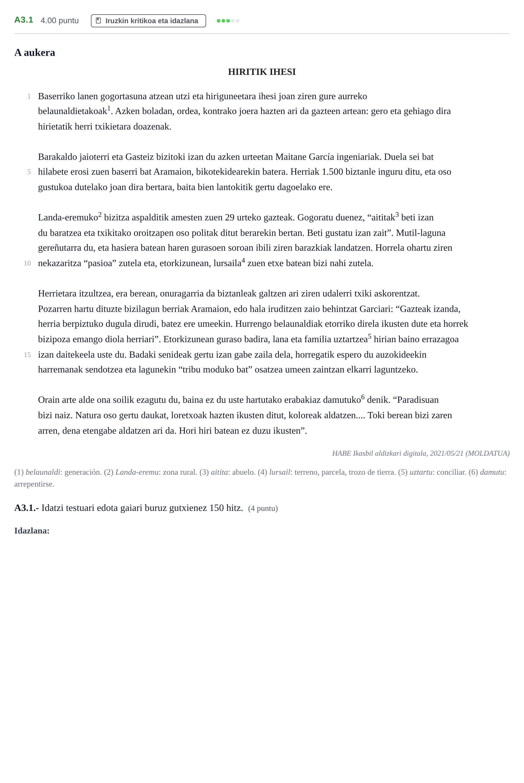 Enunciado: Ejercicio A3.1 · Lengua Vasca y Literatura II PAU Navarra Extraordinaria (Modelo A) 2024