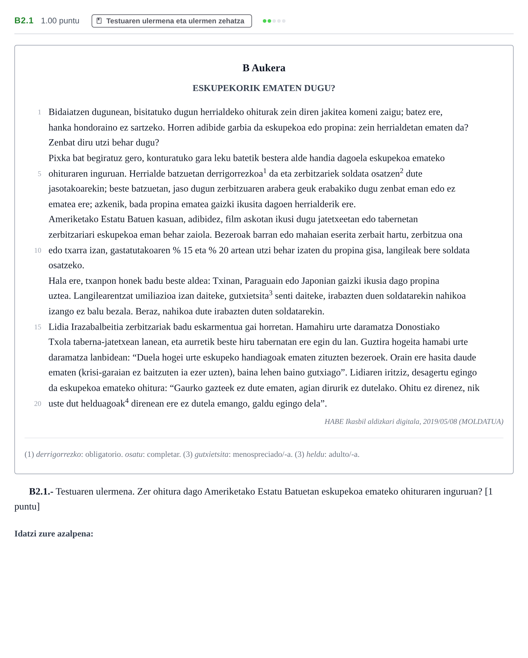 Enunciado: Ejercicio B2.1 · Lengua Vasca y Literatura II PAU Navarra Extraordinaria (Modelo A) 2024