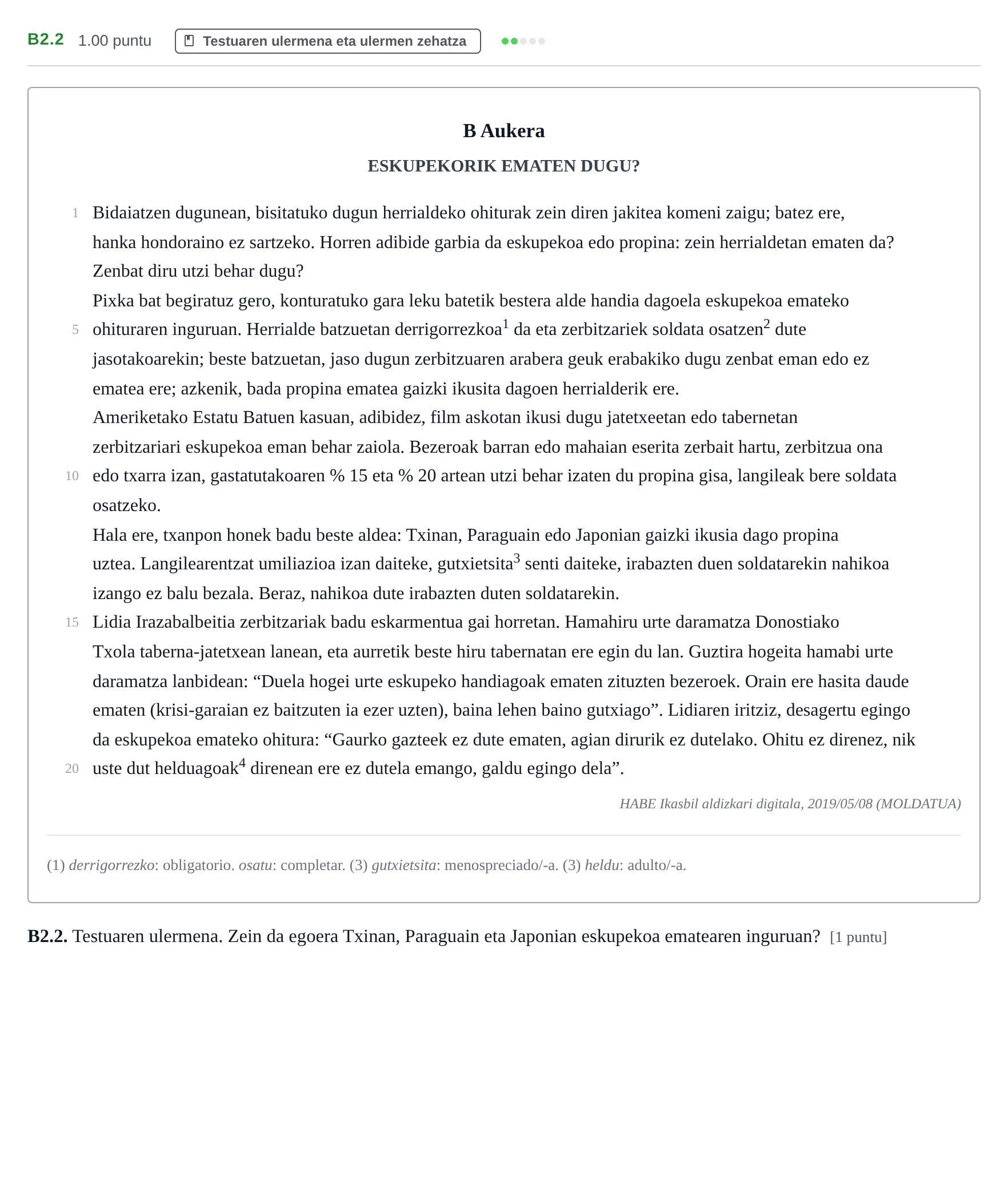 Enunciado: Ejercicio B2.2 · Lengua Vasca y Literatura II PAU Navarra Extraordinaria (Modelo A) 2024