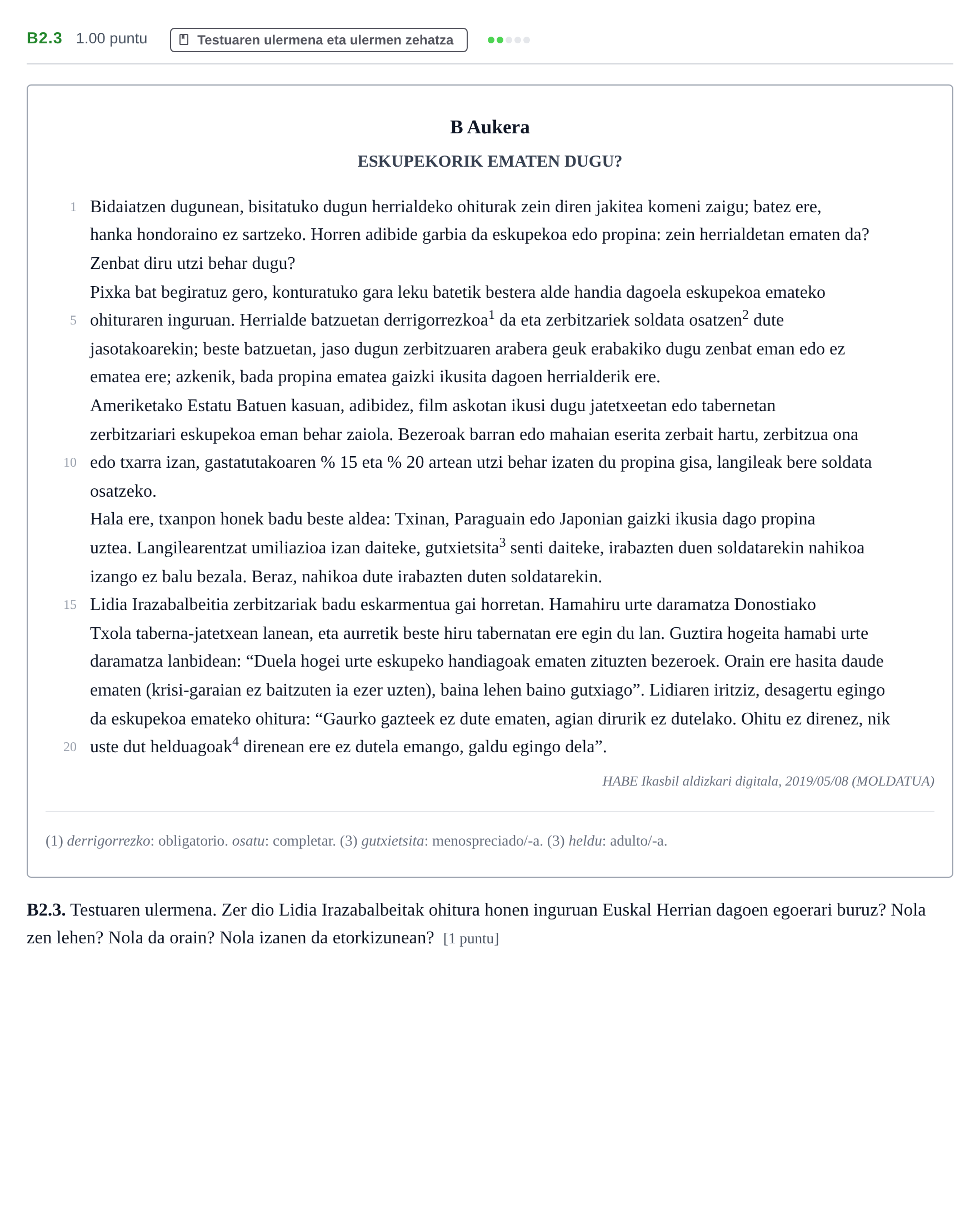 Enunciado: Ejercicio B2.3 · Lengua Vasca y Literatura II PAU Navarra Extraordinaria (Modelo A) 2024