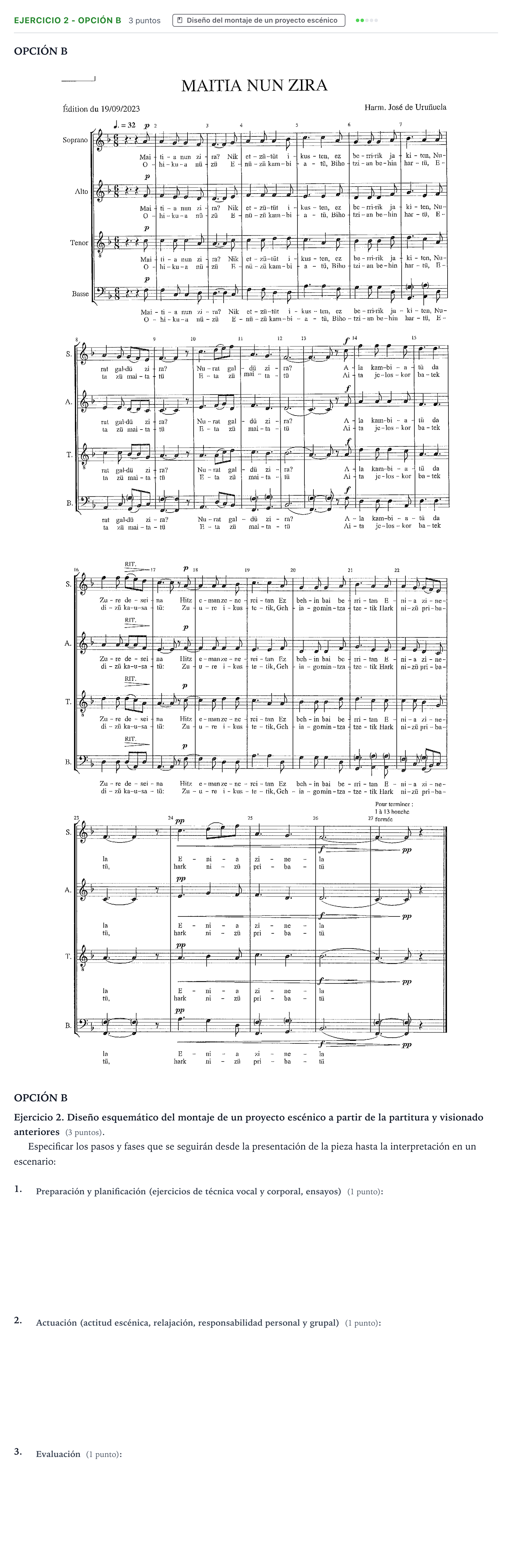 Enunciado: Ejercicio 2 - Opción B · Coro y Técnica Vocal PAU Navarra Ordinaria 2024