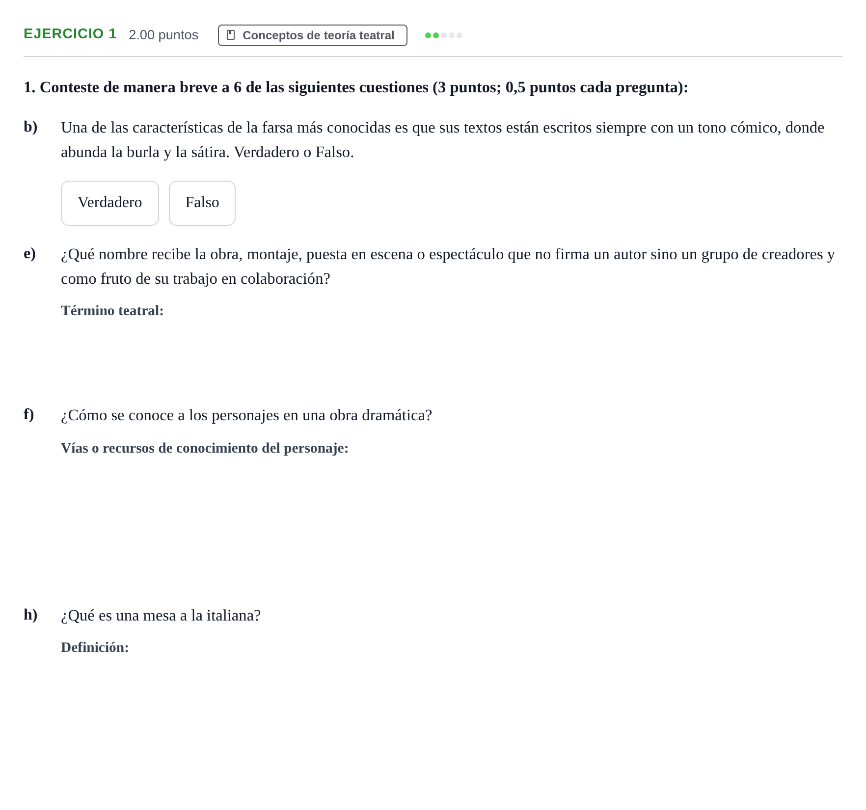 Enunciado: Ejercicio 1 - Conceptos de teoría teatral · Literatura Dramática PAU Navarra Ordinaria 2024