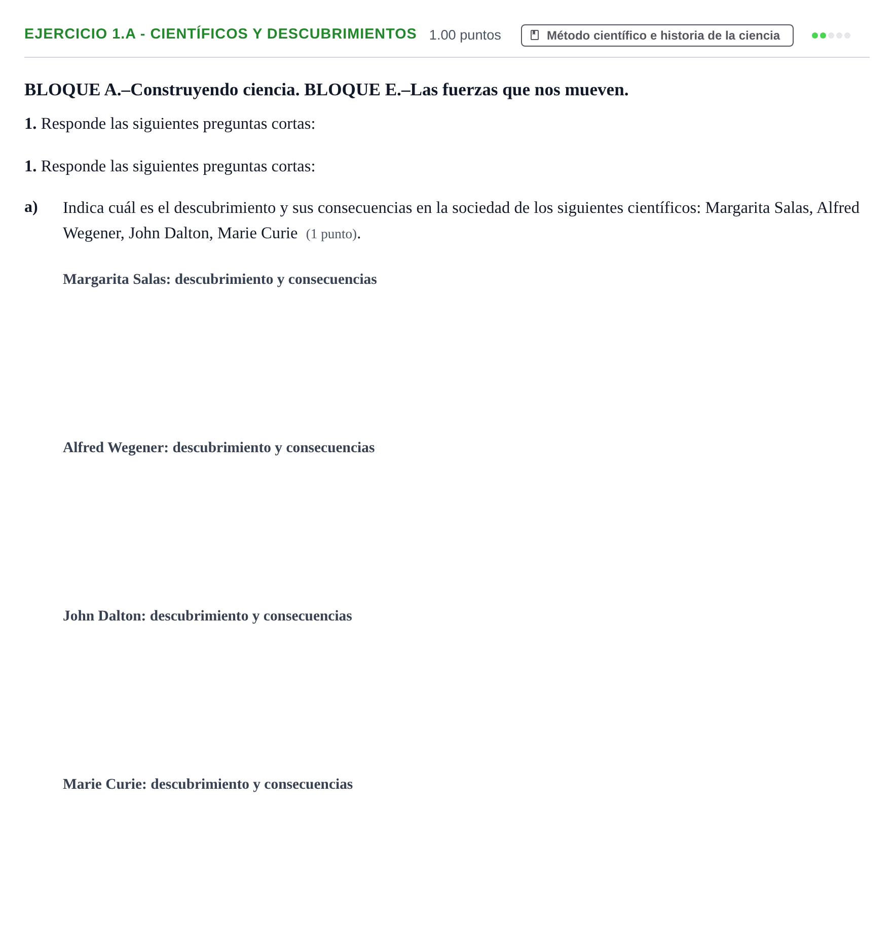 Enunciado: Ejercicio 1.a - Científicos y descubrimientos · Ciencias Generales PAU Navarra Extraordinaria 2024