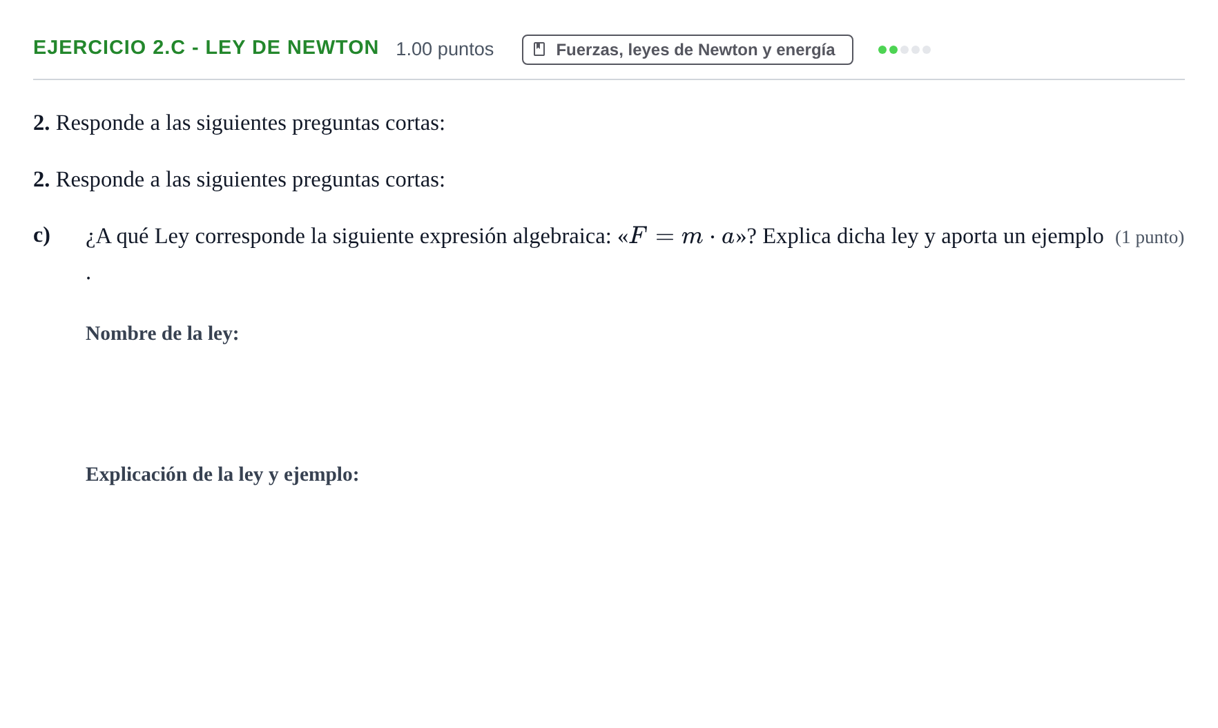 Enunciado: Ejercicio 2.c - Ley de Newton · Ciencias Generales PAU Navarra Extraordinaria 2024