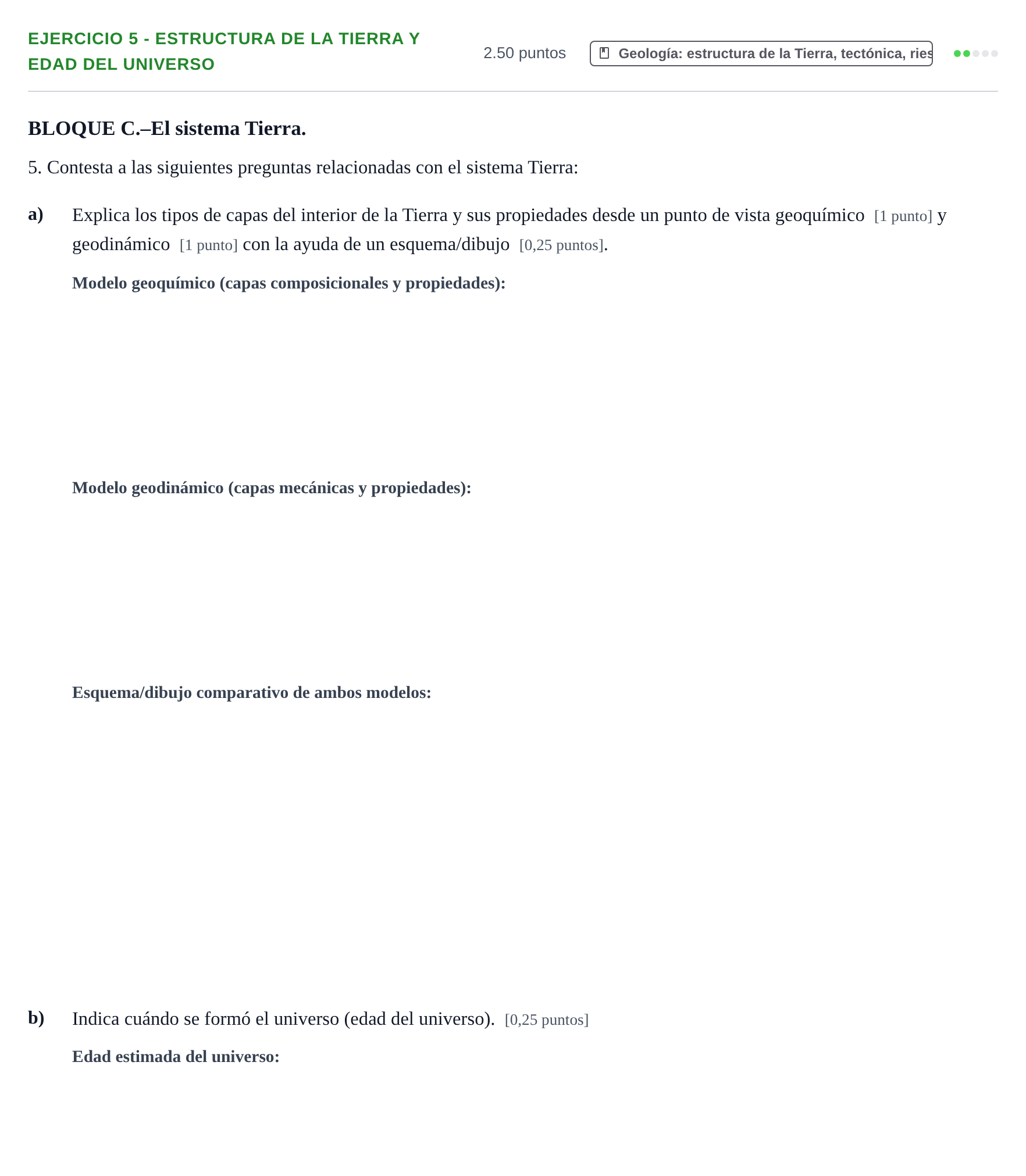 Enunciado: Ejercicio 5 - Estructura de la Tierra y edad del universo · Ciencias Generales PAU Navarra Extraordinaria 2024