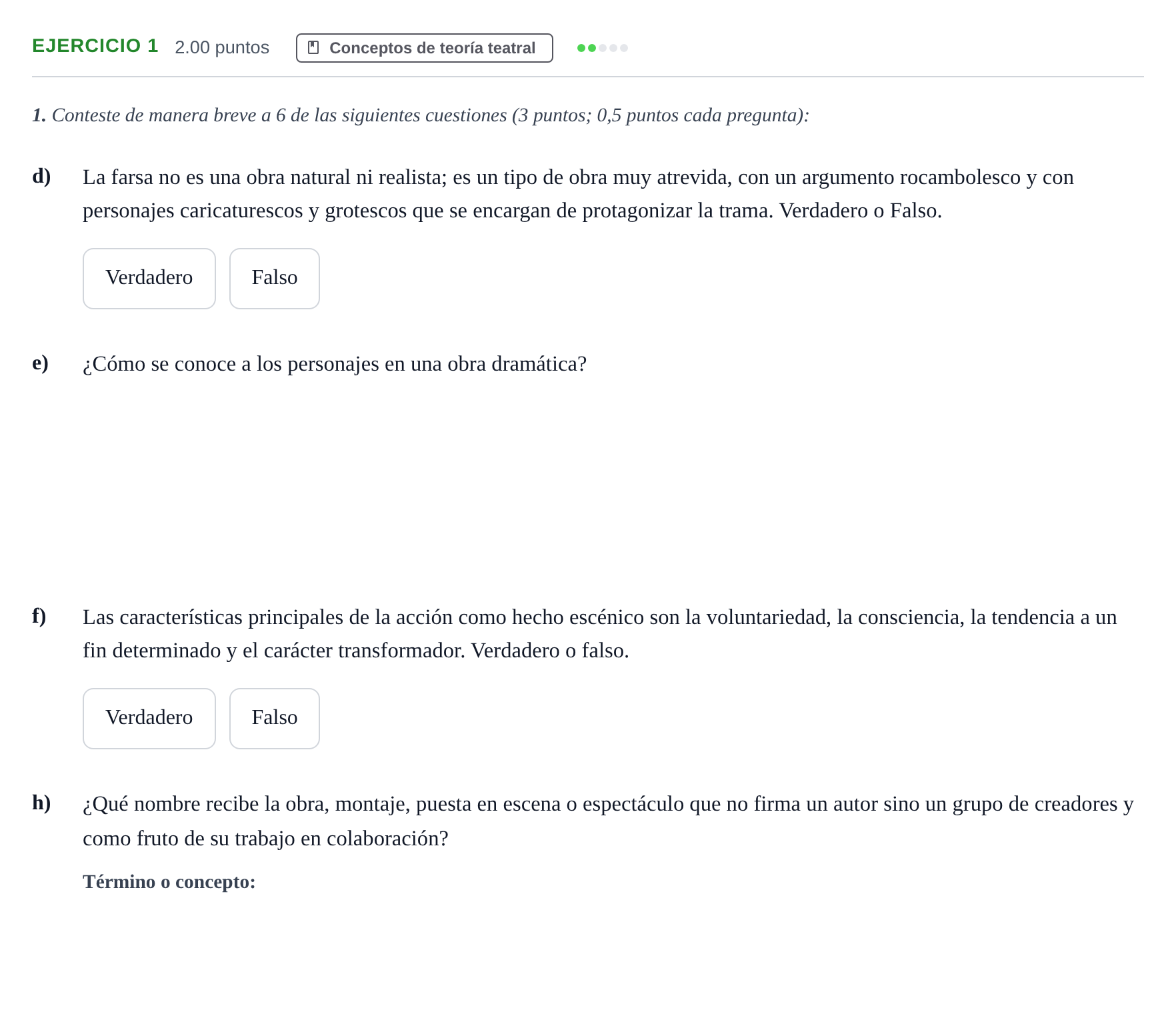 Enunciado: Ejercicio 1 - Conceptos de teoría teatral · Literatura Dramática PAU Navarra Extraordinaria 2024