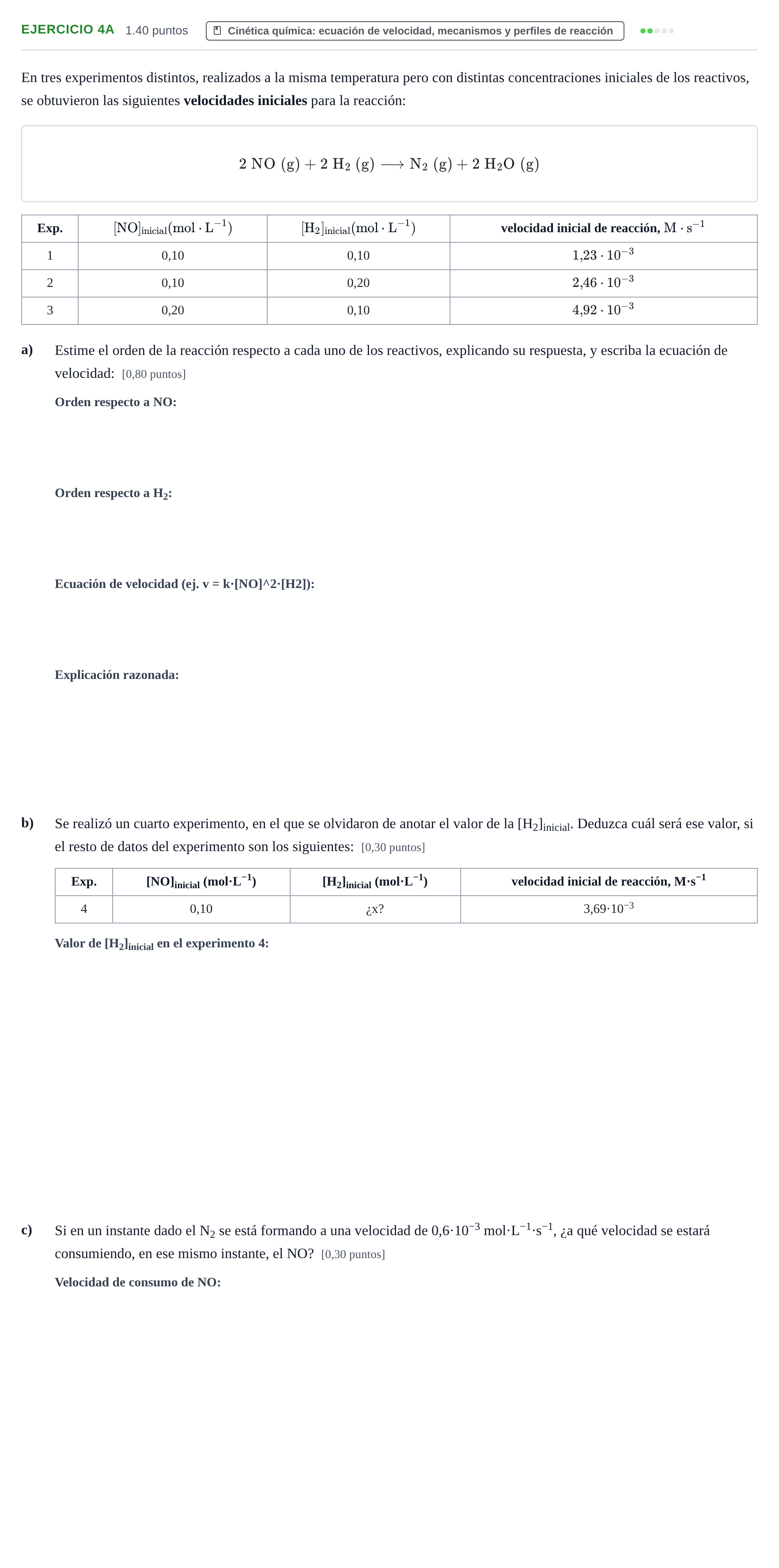 Enunciado: Ejercicio 4A - Cinética química · Química PAU Murcia Extraordinaria 2025