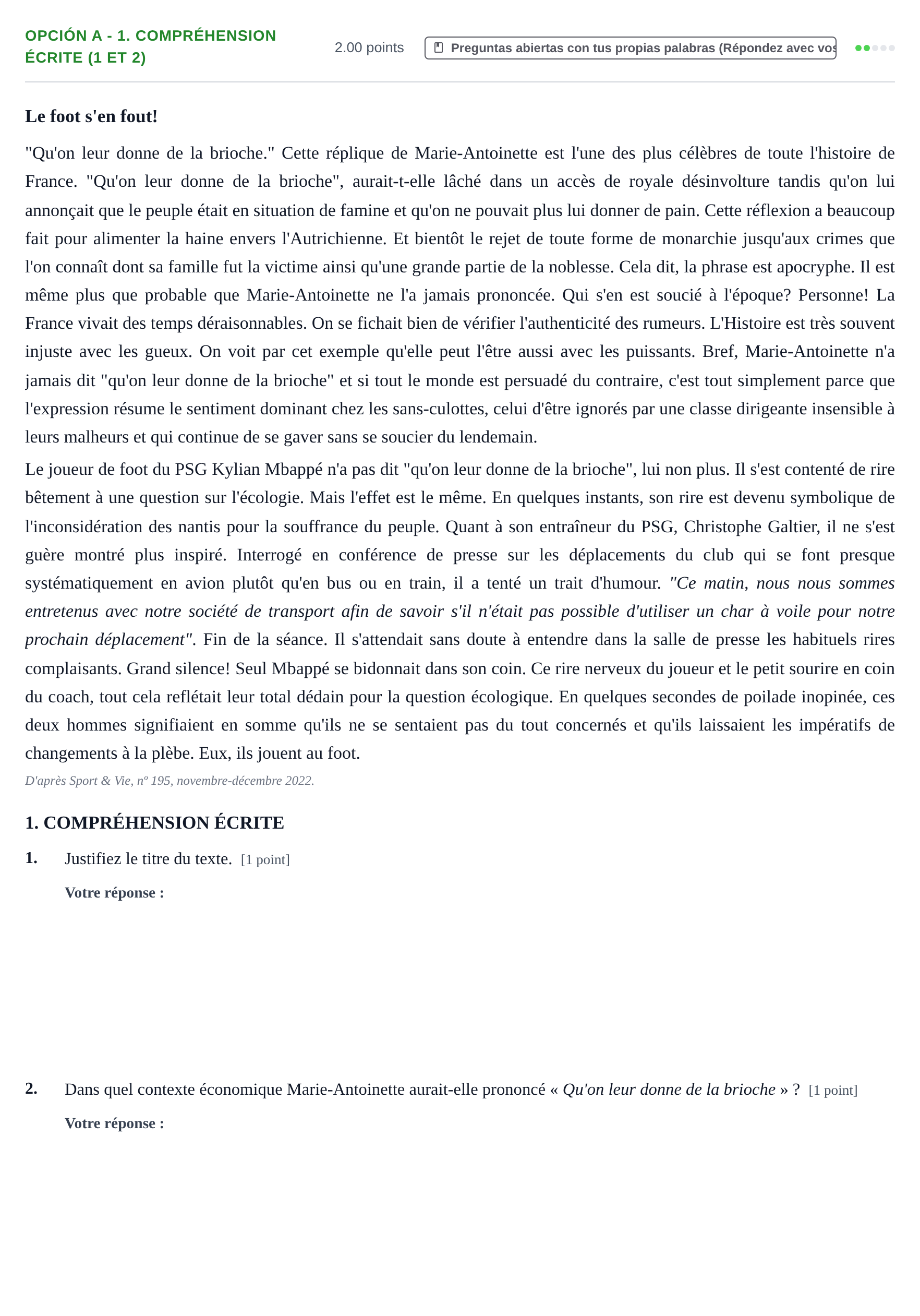 Enunciado: Opción A - 1. Compréhension écrite (1 et 2) · Francés PAU Navarra Ordinaria 2023
