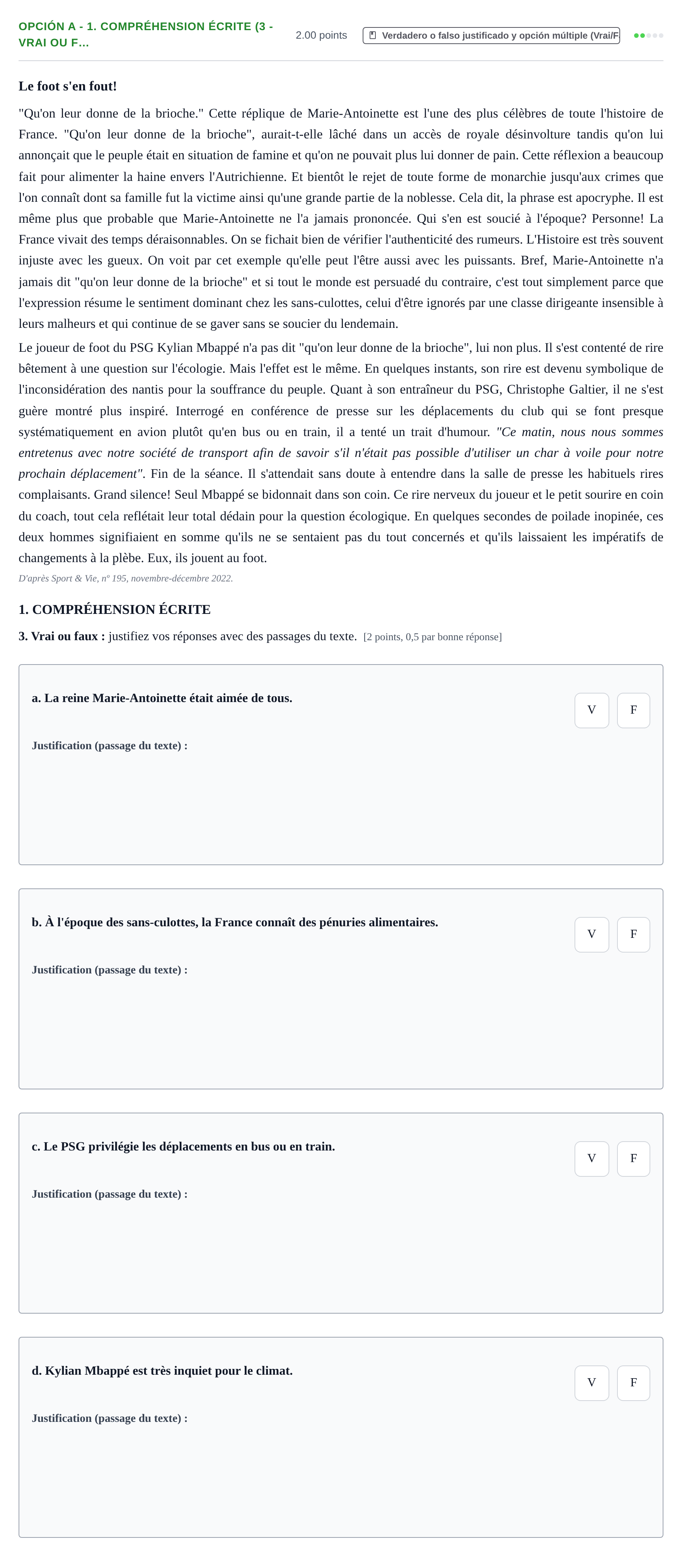 Enunciado: Opción A - 1. Compréhension écrite (3 - Vrai ou f… · Francés PAU Navarra Ordinaria 2023