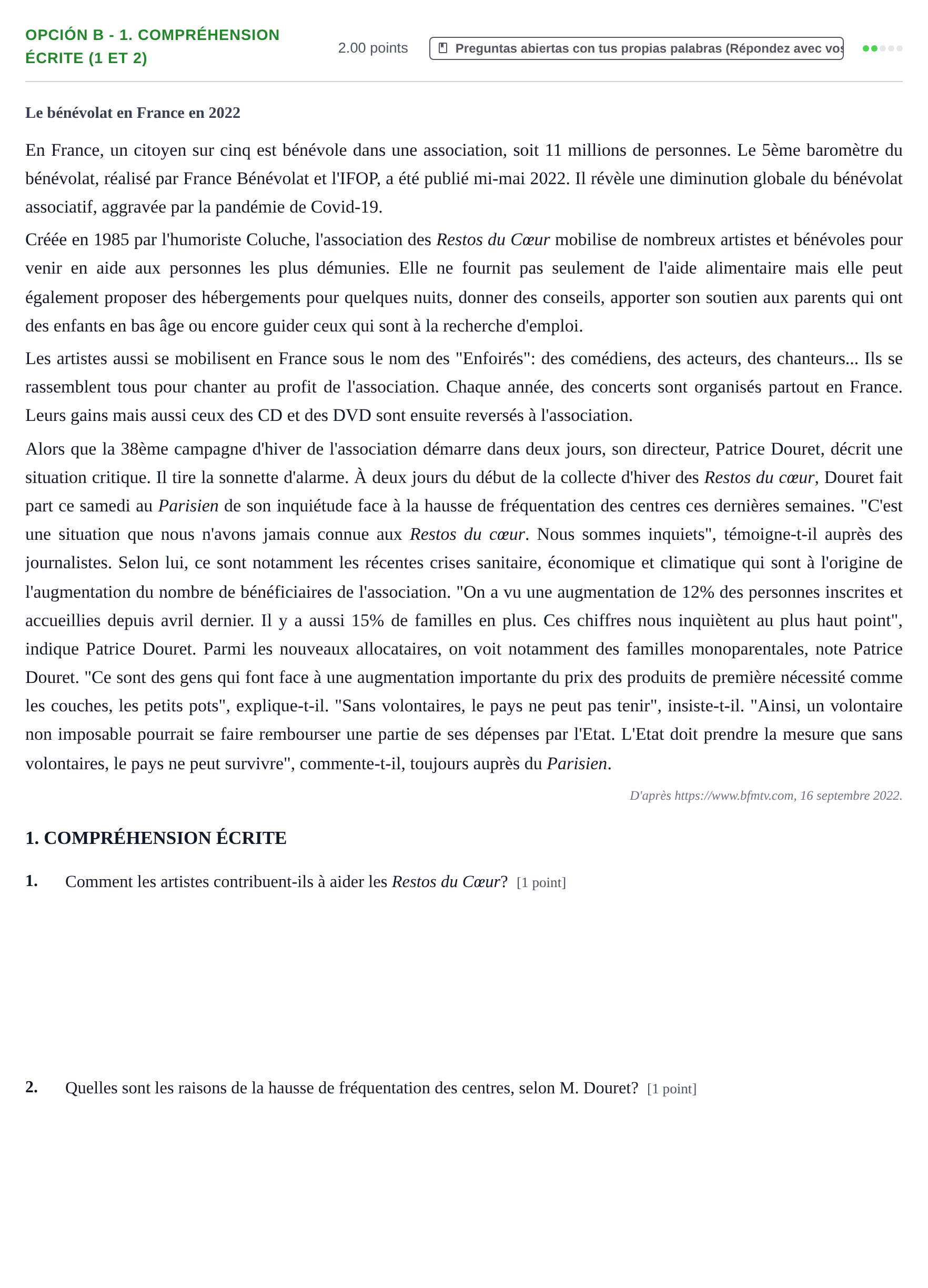 Enunciado: Opción B - 1. Compréhension écrite (1 et 2) · Francés PAU Navarra Ordinaria 2023