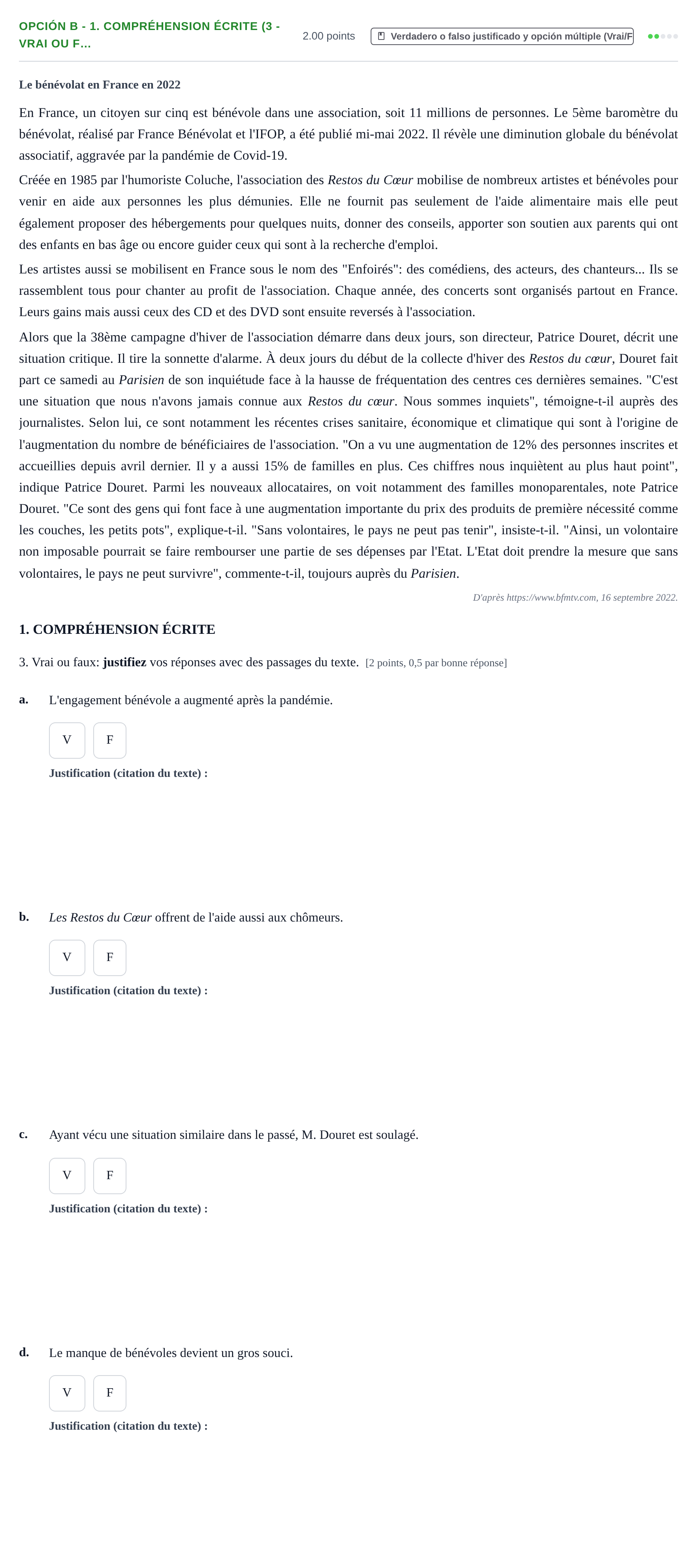 Enunciado: Opción B - 1. Compréhension écrite (3 - Vrai ou f… · Francés PAU Navarra Ordinaria 2023