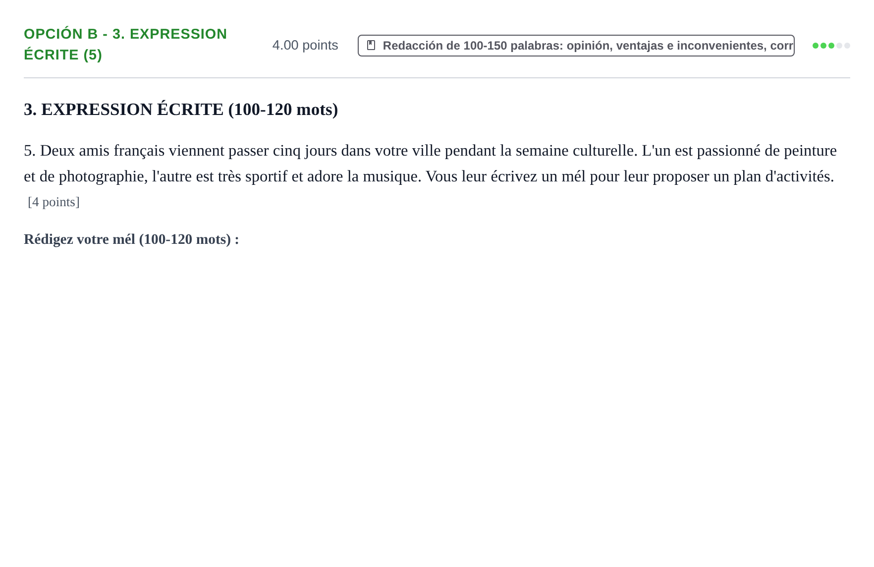 Enunciado: Opción B - 3. Expression écrite (5) · Francés PAU Navarra Ordinaria 2023