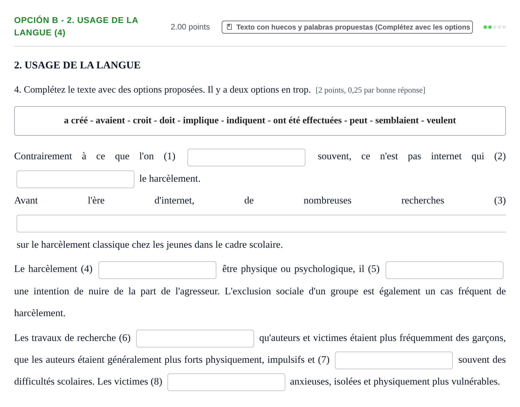 Enunciado: Opción B - 2. Usage de la langue (4) · Francés PAU Navarra Ordinaria 2023