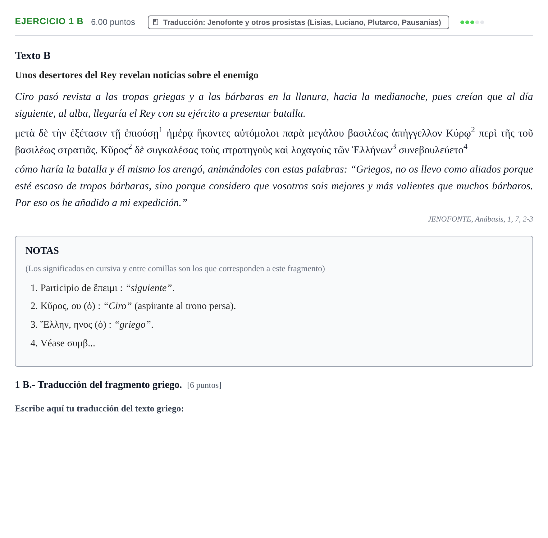 Enunciado: Ejercicio 1 B · Griego II PAU Navarra Ordinaria 2023