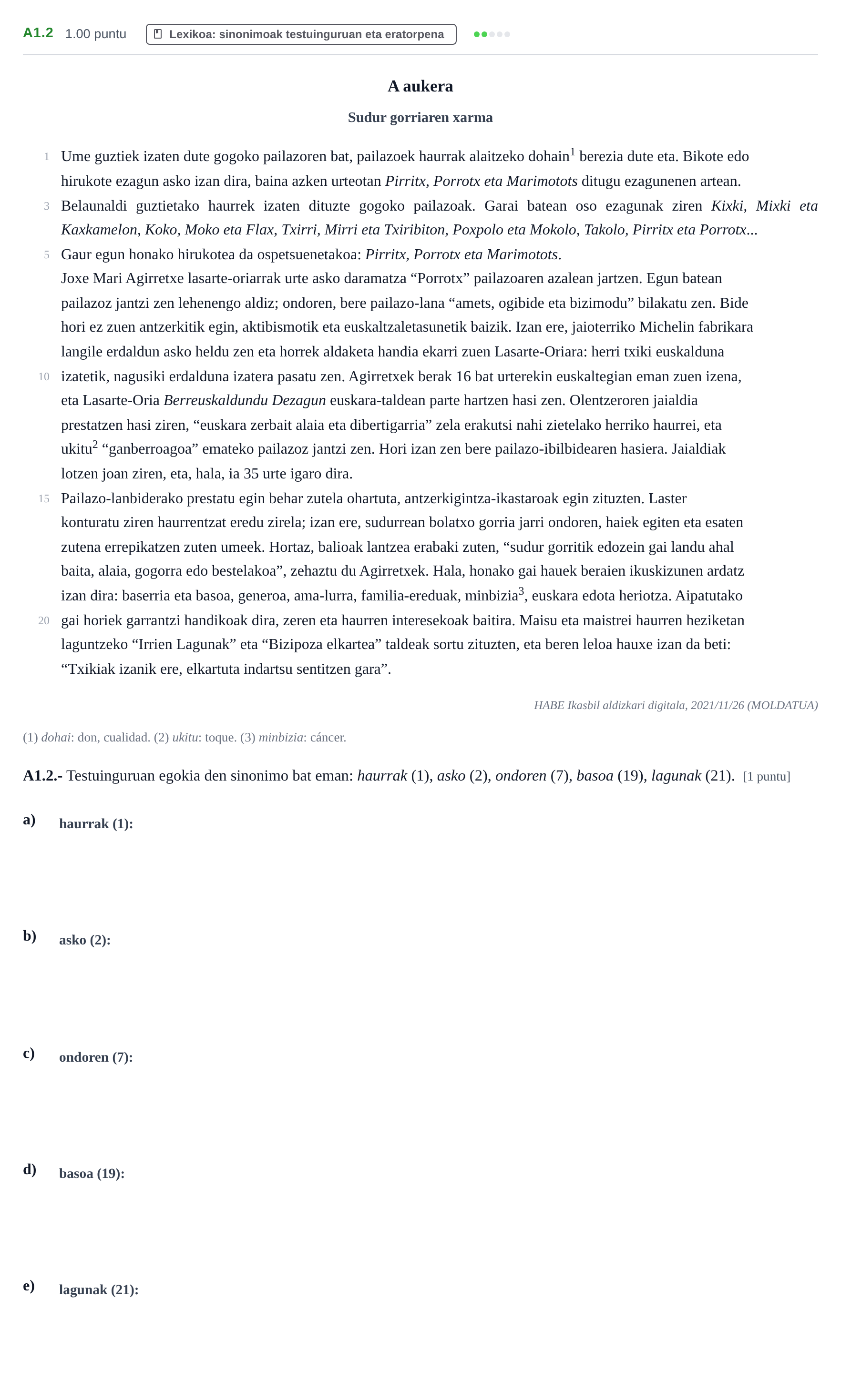 Enunciado: Ejercicio A1.2 · Lengua Vasca y Literatura II PAU Navarra Ordinaria (Modelo A) 2023