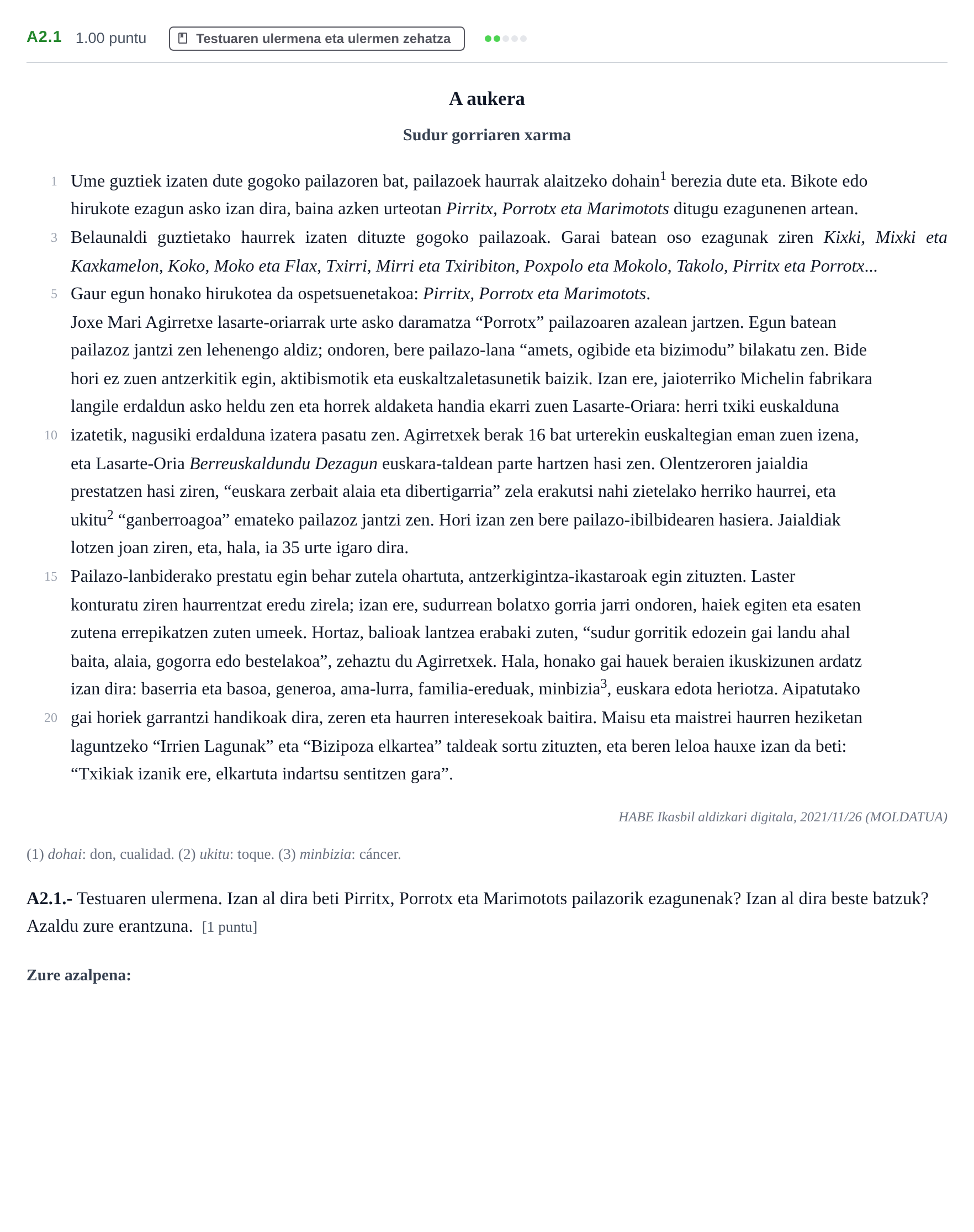 Enunciado: Ejercicio A2.1 · Lengua Vasca y Literatura II PAU Navarra Ordinaria (Modelo A) 2023