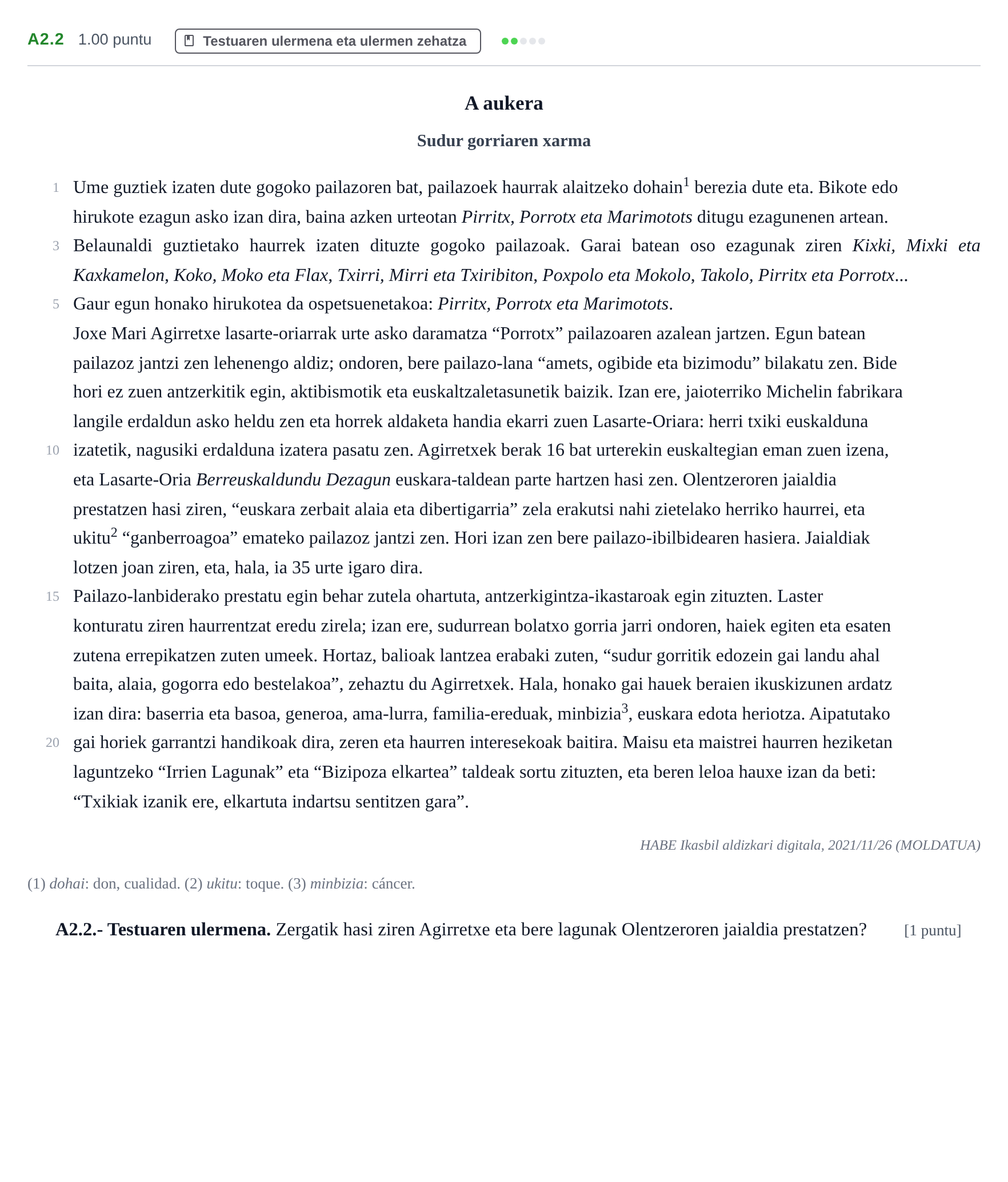 Enunciado: Ejercicio A2.2 · Lengua Vasca y Literatura II PAU Navarra Ordinaria (Modelo A) 2023