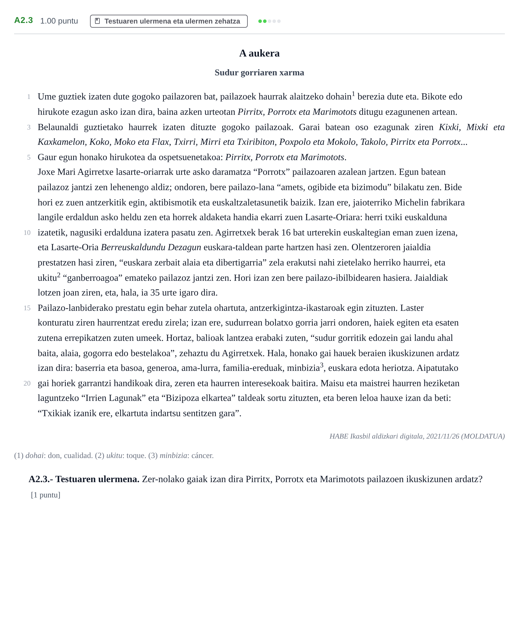 Enunciado: Ejercicio A2.3 · Lengua Vasca y Literatura II PAU Navarra Ordinaria (Modelo A) 2023