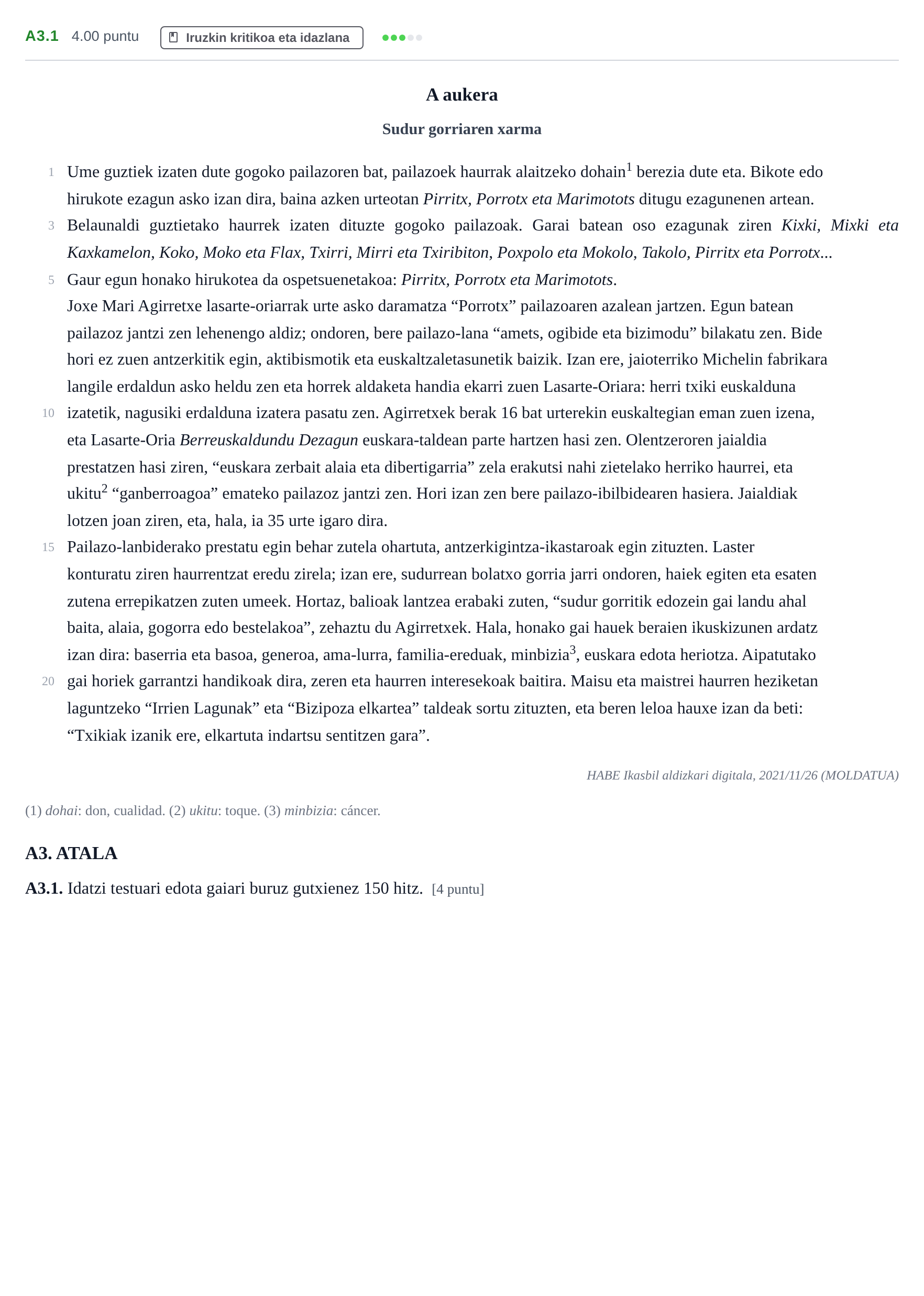 Enunciado: Ejercicio A3.1 · Lengua Vasca y Literatura II PAU Navarra Ordinaria (Modelo A) 2023