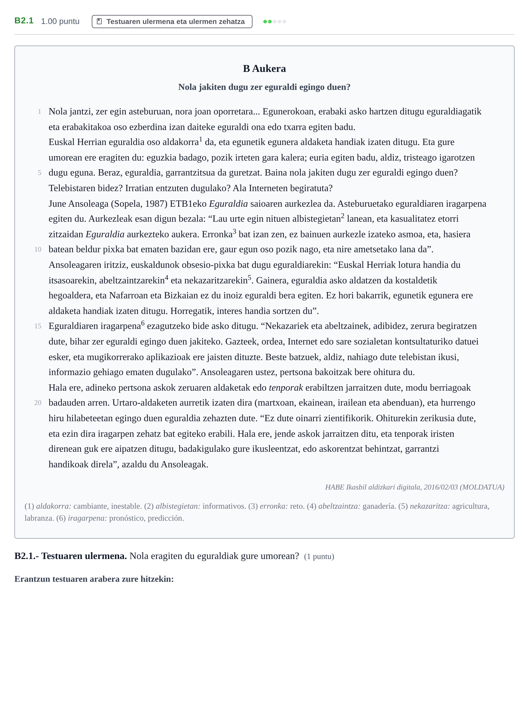 Enunciado: Ejercicio B2.1 · Lengua Vasca y Literatura II PAU Navarra Ordinaria (Modelo A) 2023