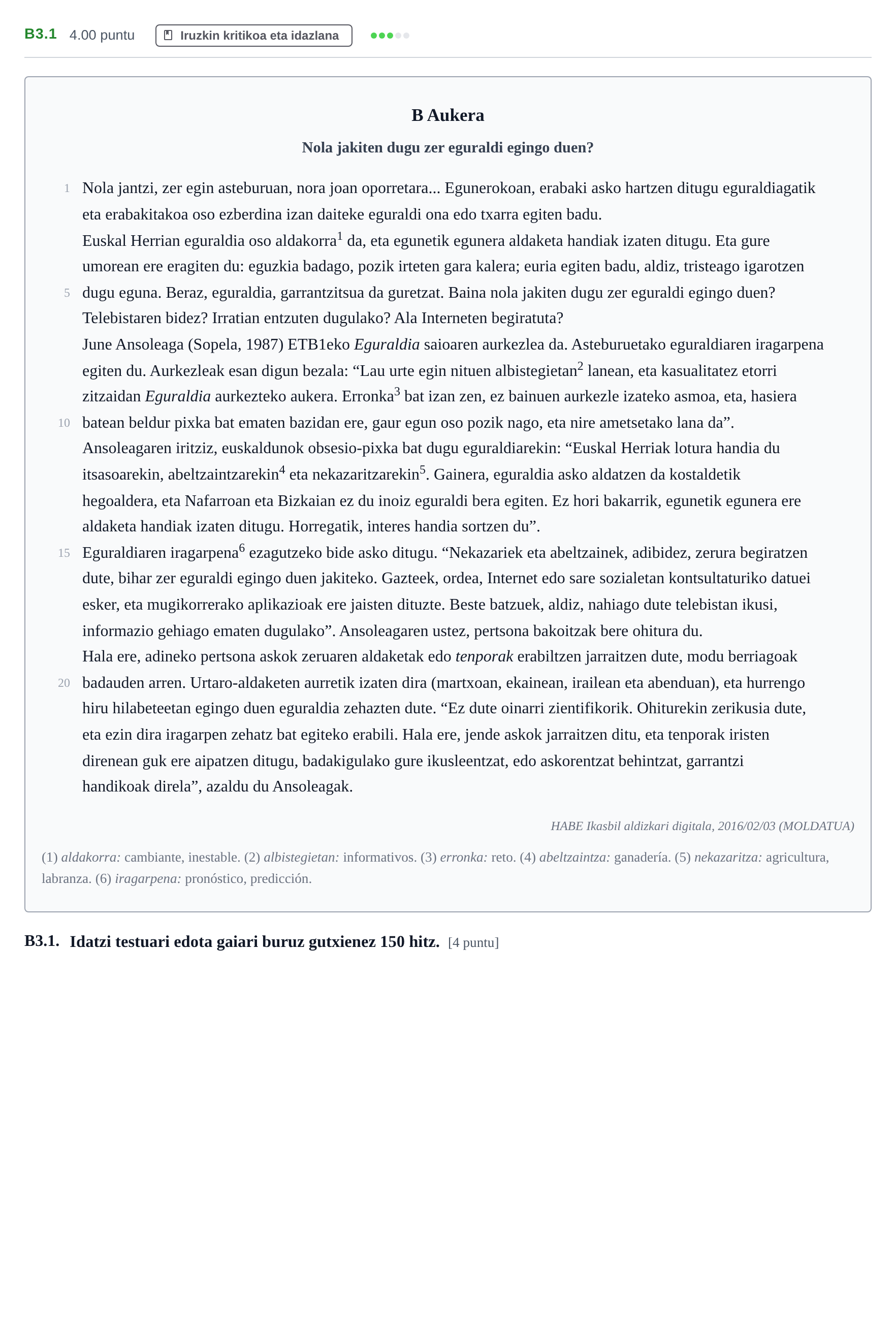 Enunciado: Ejercicio B3.1 · Lengua Vasca y Literatura II PAU Navarra Ordinaria (Modelo A) 2023