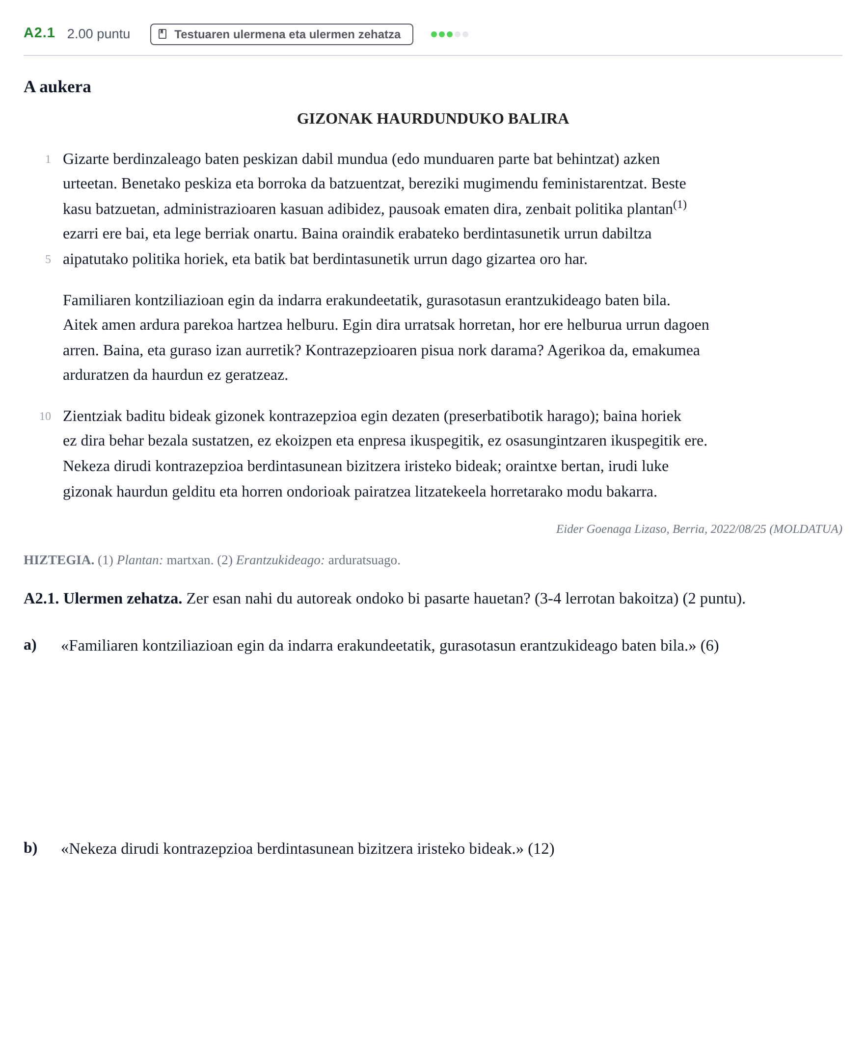 Enunciado: Ejercicio A2.1 · Lengua Vasca y Literatura II PAU Navarra Ordinaria (Modelo D) 2023