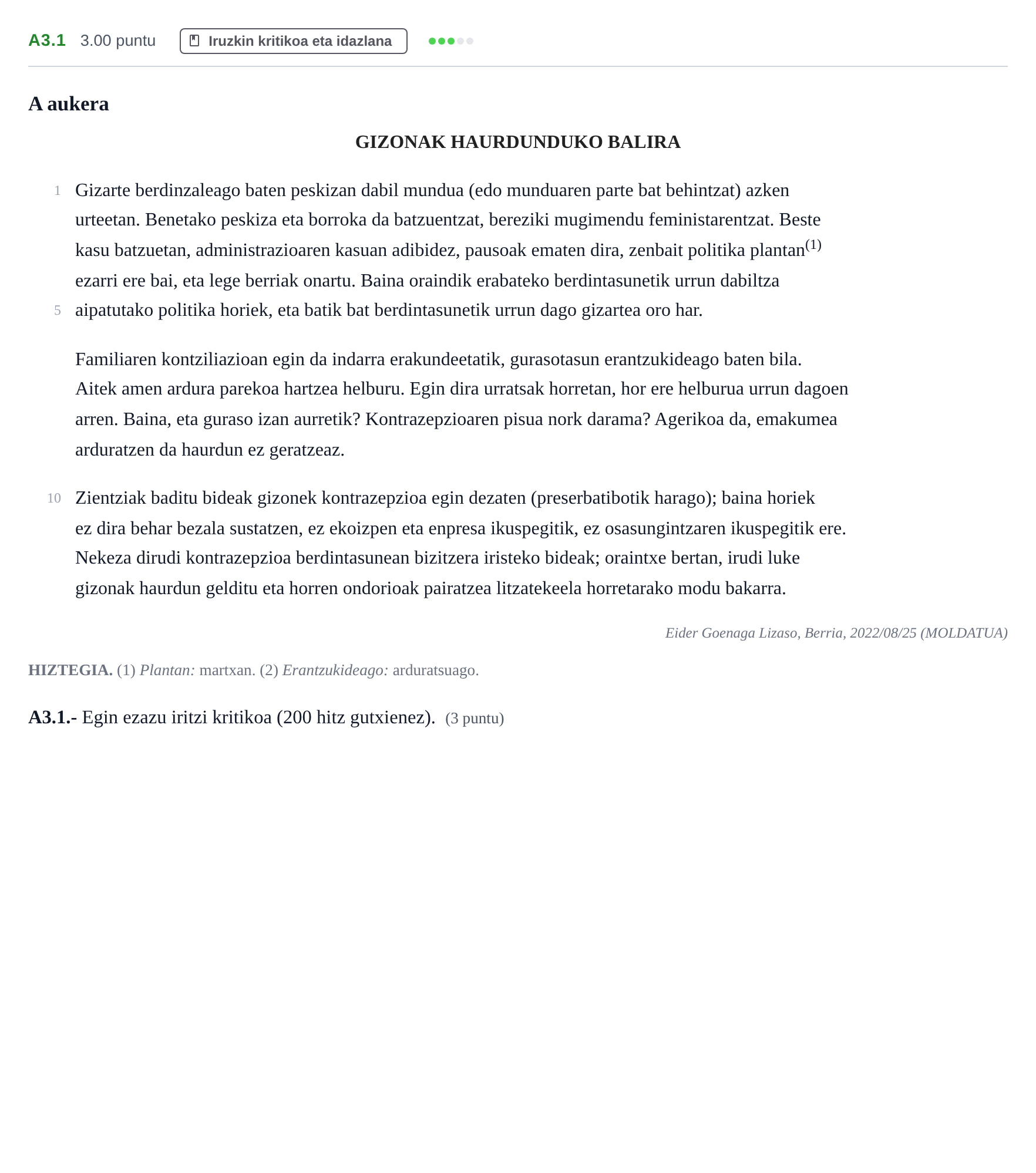 Enunciado: Ejercicio A3.1 · Lengua Vasca y Literatura II PAU Navarra Ordinaria (Modelo D) 2023