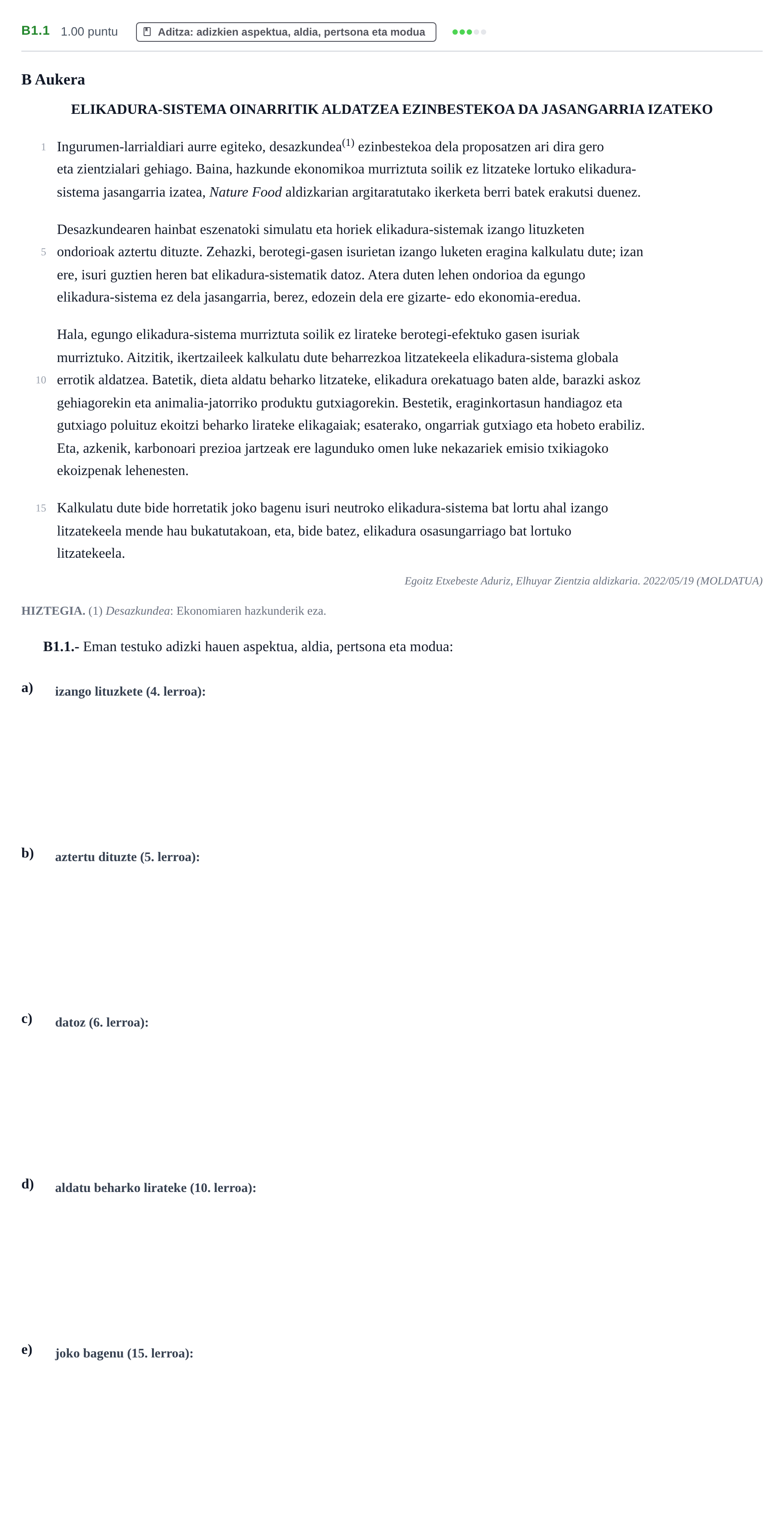 Enunciado: Ejercicio B1.1 · Lengua Vasca y Literatura II PAU Navarra Ordinaria (Modelo D) 2023