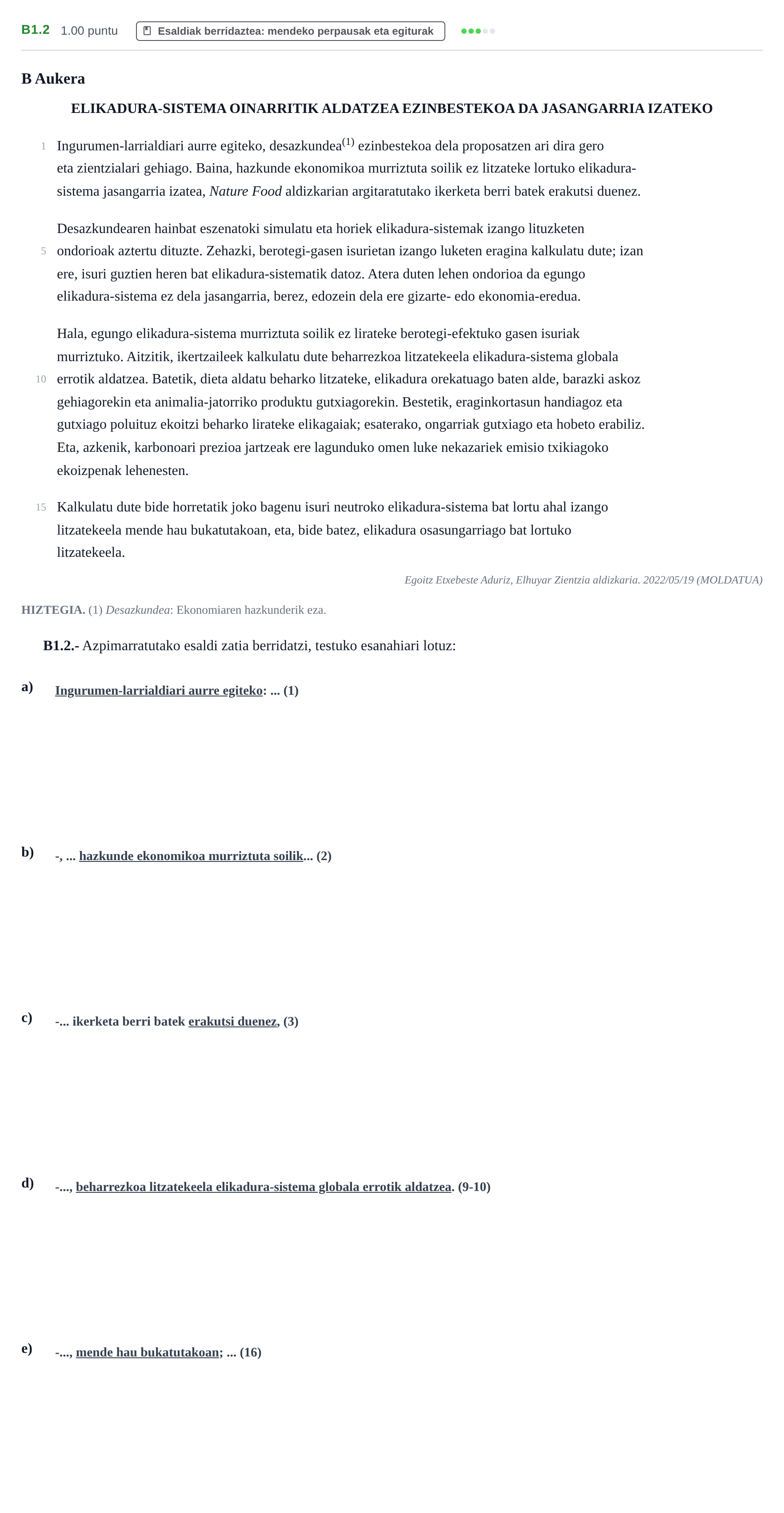 Enunciado: Ejercicio B1.2 · Lengua Vasca y Literatura II PAU Navarra Ordinaria (Modelo D) 2023