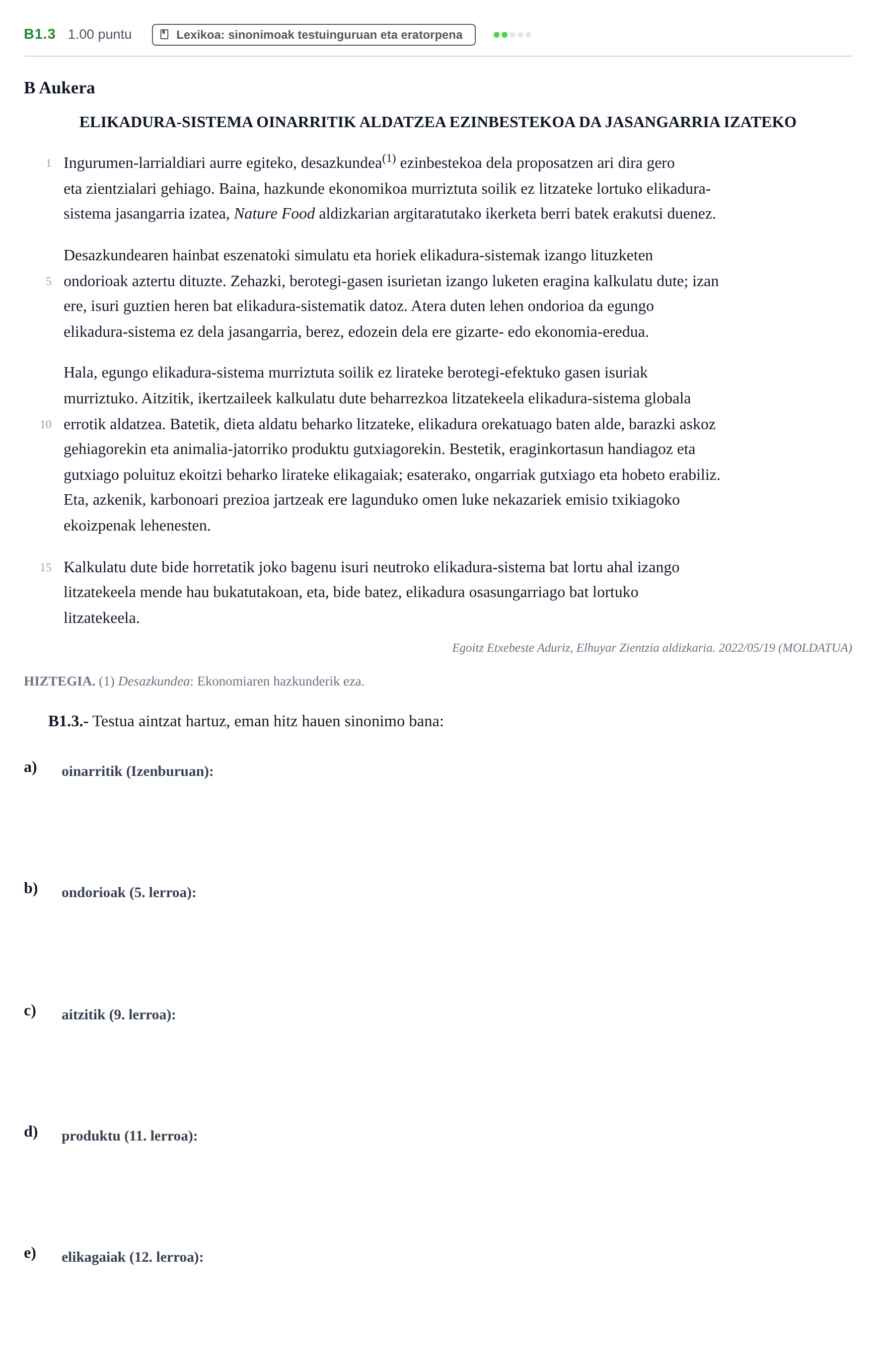 Enunciado: Ejercicio B1.3 · Lengua Vasca y Literatura II PAU Navarra Ordinaria (Modelo D) 2023
