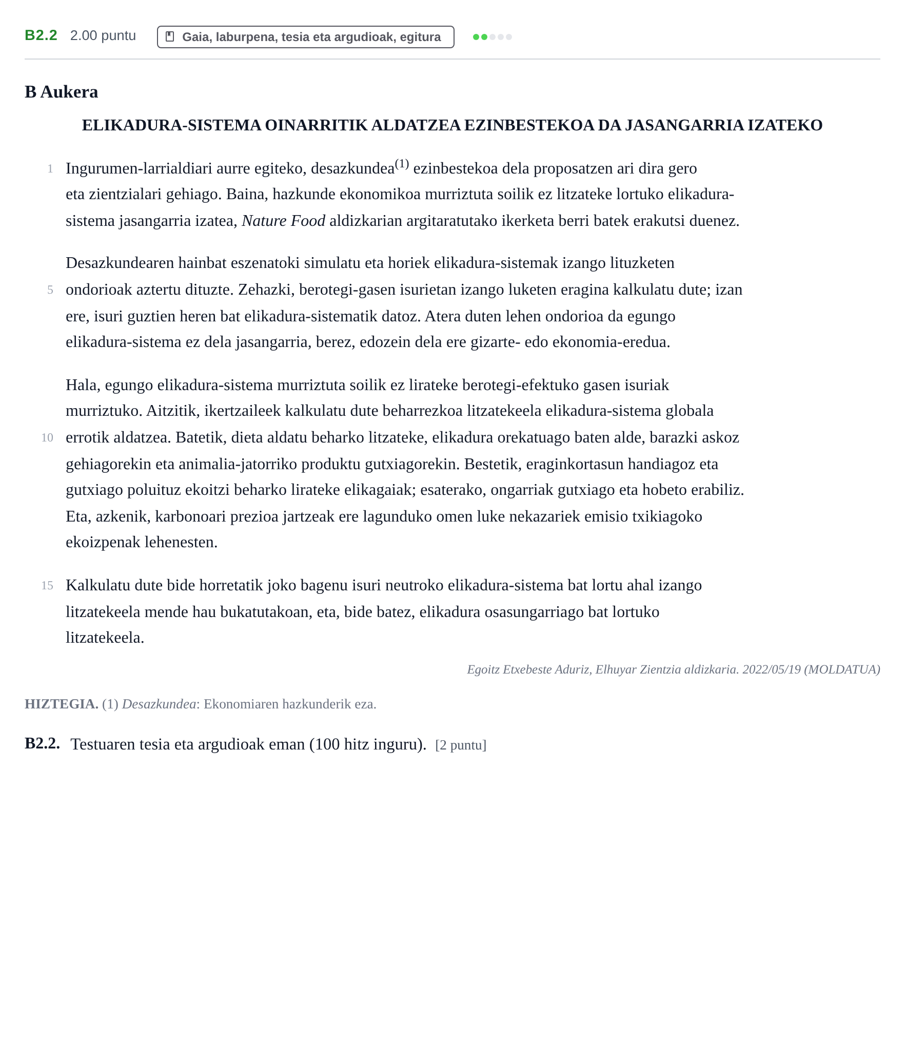 Enunciado: Ejercicio B2.2 · Lengua Vasca y Literatura II PAU Navarra Ordinaria (Modelo D) 2023