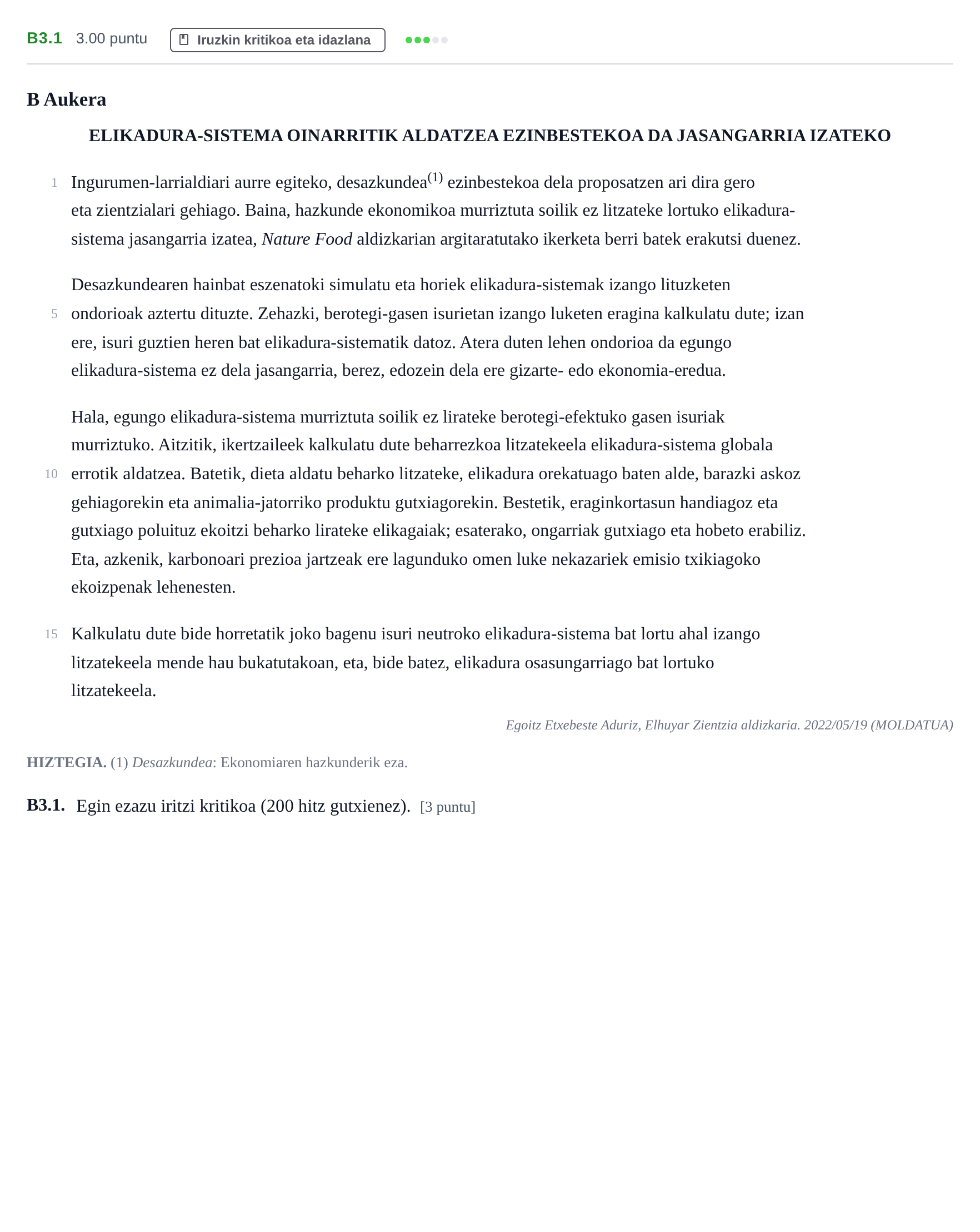 Enunciado: Ejercicio B3.1 · Lengua Vasca y Literatura II PAU Navarra Ordinaria (Modelo D) 2023