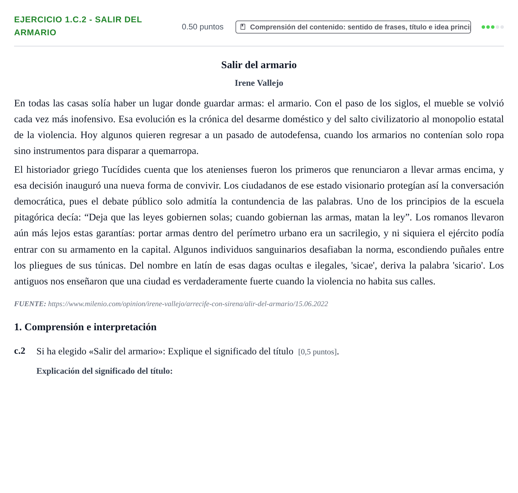 Enunciado: Ejercicio 1.c.2 - Salir del armario · Lengua Castellana y Literatura II PAU Navarra Ordinaria 2023
