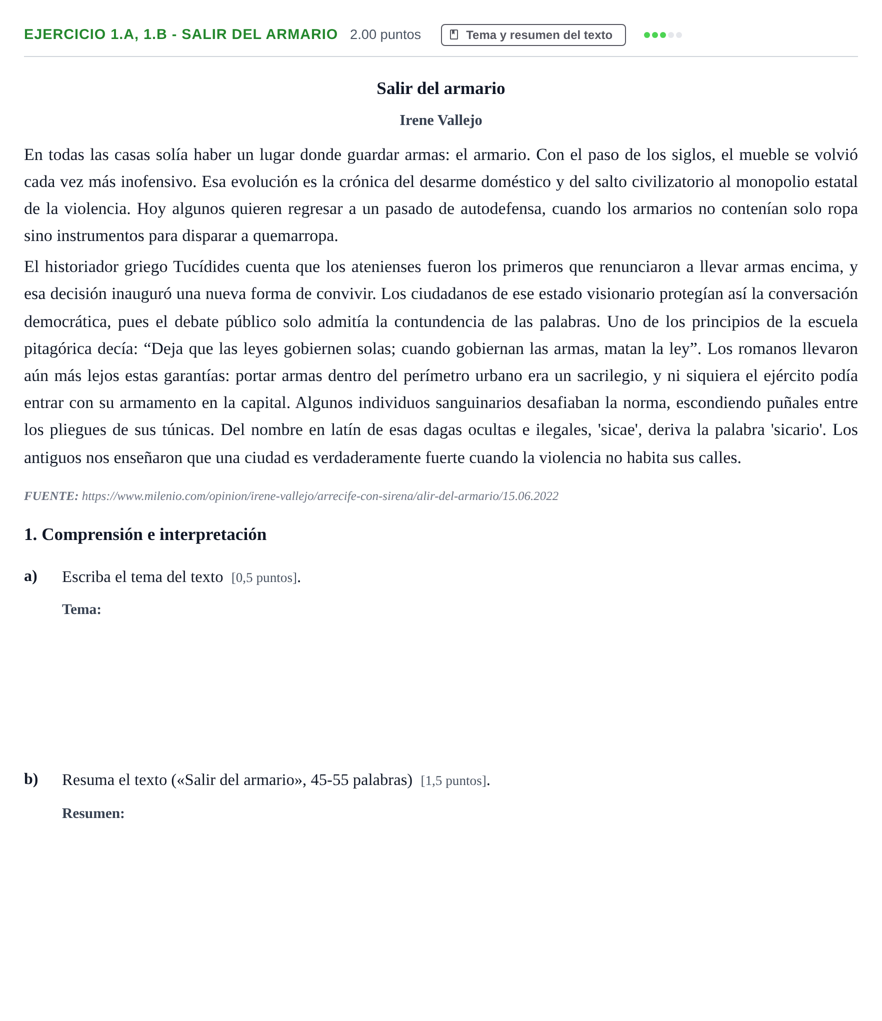 Enunciado: Ejercicio 1.a, 1.b - Salir del armario · Lengua Castellana y Literatura II PAU Navarra Ordinaria 2023